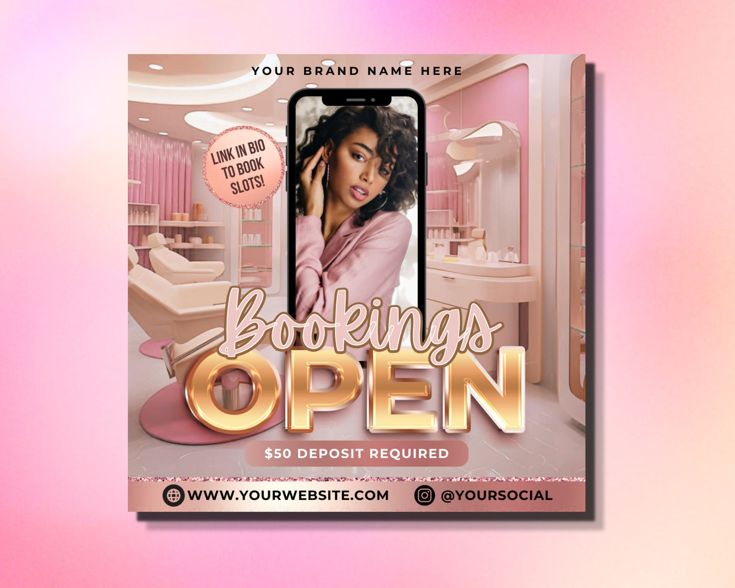 rose gold beauty bookings flyer template elegant luxury feminine chic modern stylish classy glamorous boutique salon spa makeup hair nails eyelashes skincare body treatments special offers limited time offer grand opening appointment only