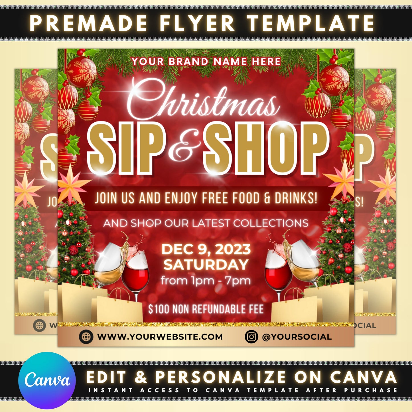 christmas sip and shop flyers templates shopping drinks holiday cheer festive gifts sales discounts