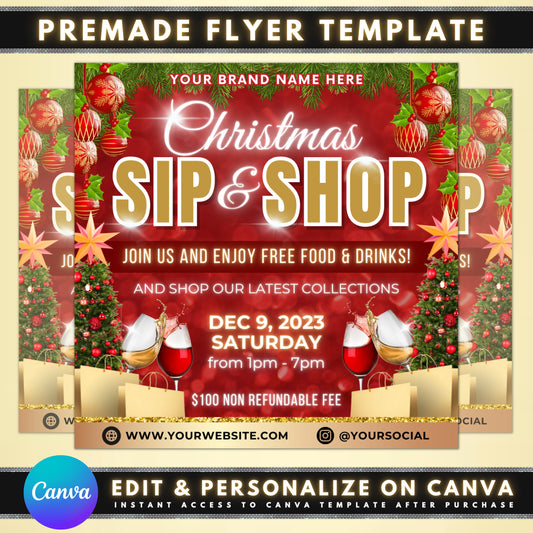 Christmas Sip and Shop Flyers Templates Shopping Drinks Holiday Cheer Festive Gifts Sales Discounts