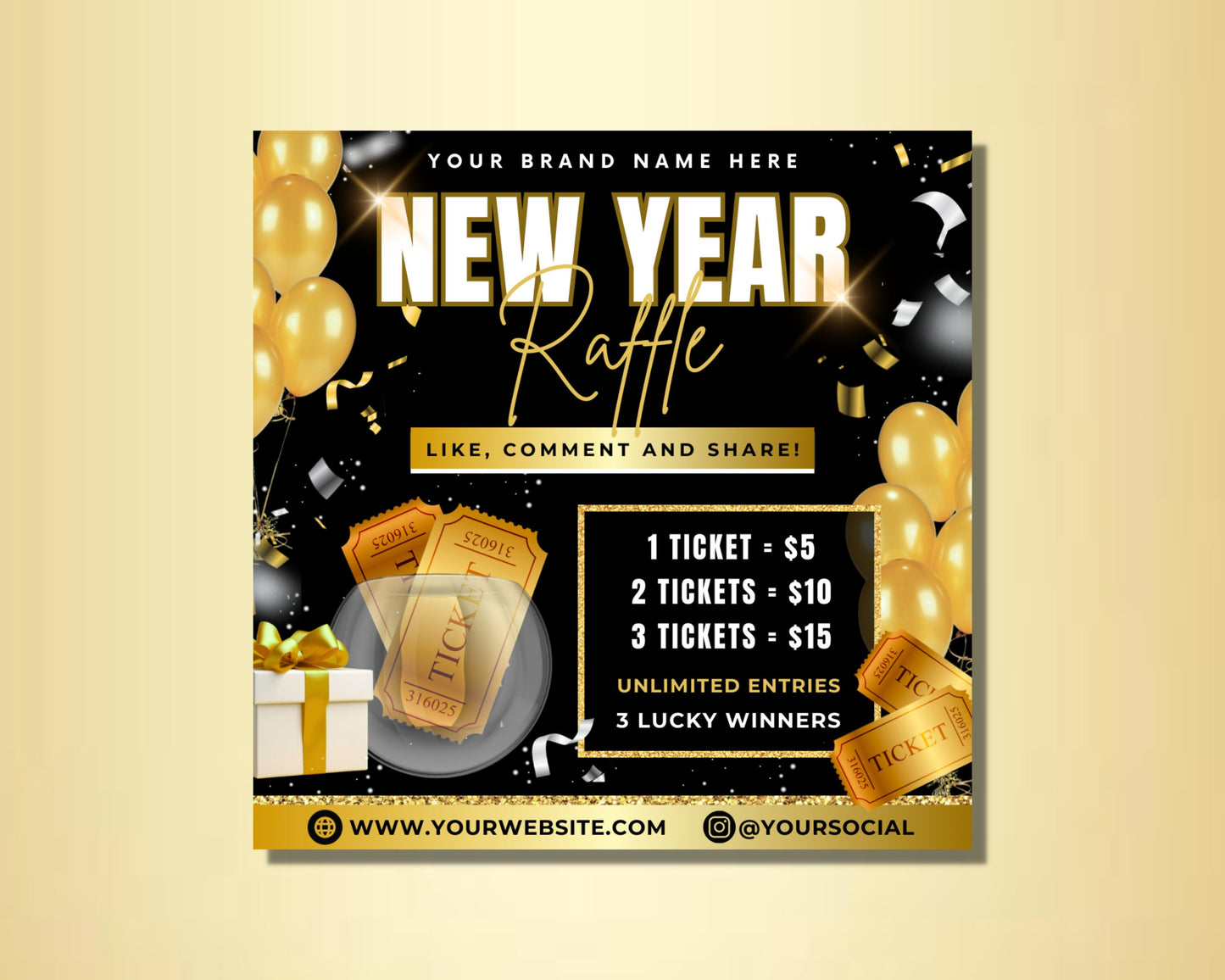 new year raffle flyers templates prizes drawings tickets fun excitement holidays giving cheer