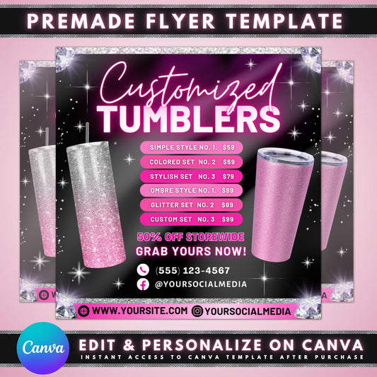 Tumbler Price list Flyer Template Customization Design Printing Order Stainless steel Double-walled Vacuum insulated Keeps drinks hot/cold Leakproof Sweatproof Eco-friendly Reusable Durable Order today Get a quote Start Designing Limited time offer