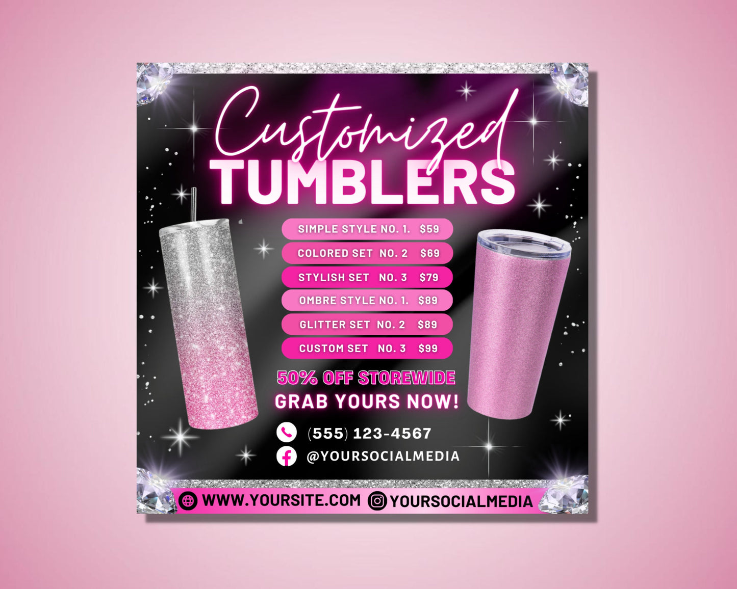 tumbler price list flyer template customization design printing order stainless steel double-walled vacuum insulated keeps drinks hot/cold leakproof sweatproof eco-friendly reusable durable order today get a quote start designing limited time offer