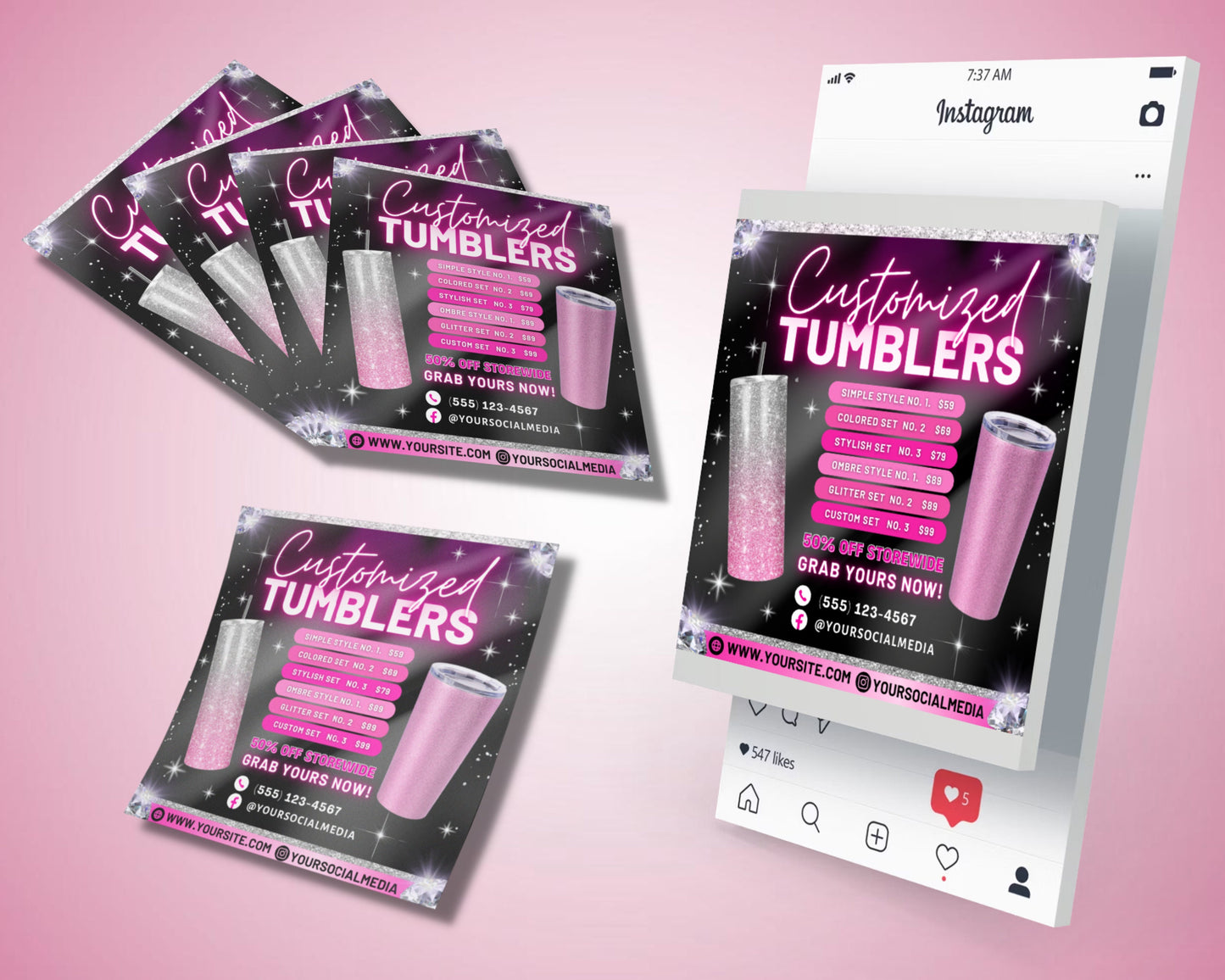 tumbler price list flyer template customization design printing order stainless steel double-walled vacuum insulated keeps drinks hot/cold leakproof sweatproof eco-friendly reusable durable order today get a quote start designing limited time offer