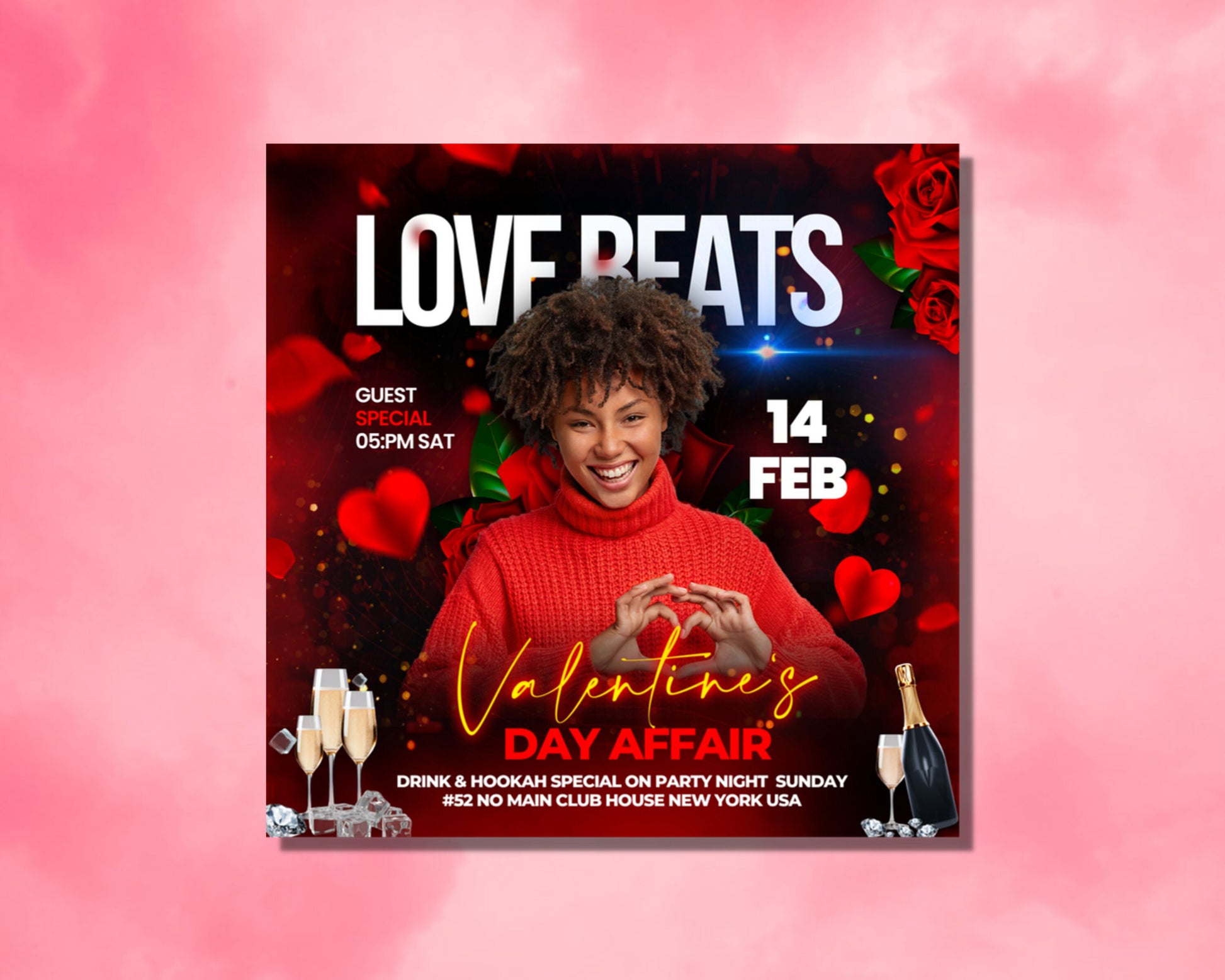 Party Flyer Love is in the Air! Celebrate Your Sweetheart Valentine&#39;s Bash Spread the Love & Dance the Night Away! Love-Themed Games & Prizes! Live Music & Romantic Tunes! Dance Floor for Lovebirds & Singles! Dress to Impress