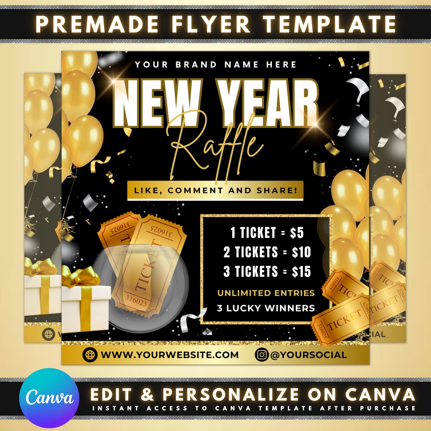 new year raffle flyers templates prizes drawings tickets fun excitement holidays giving cheer