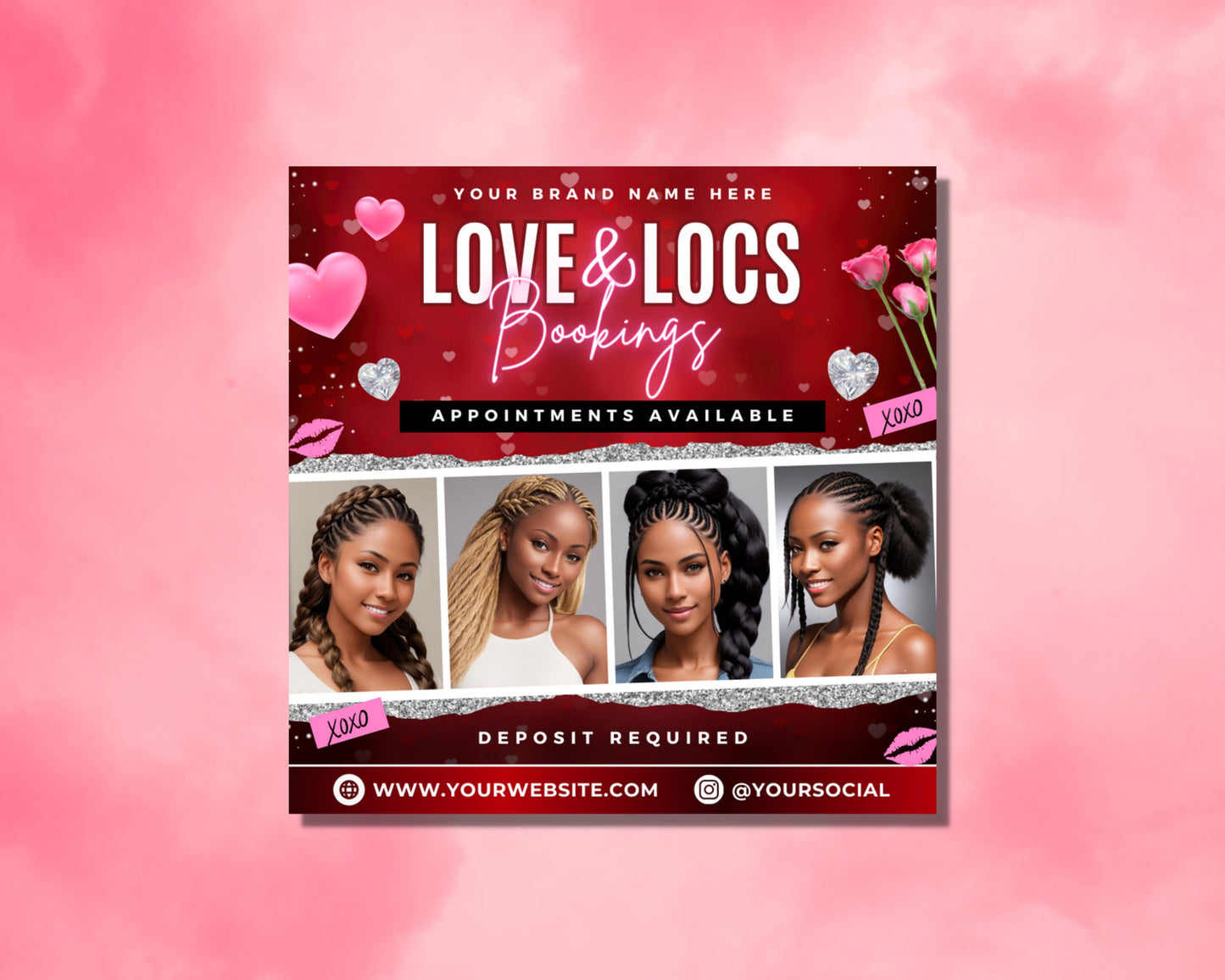 valentines day bookings flyer, diy flyer template design, february appointments flyer, premade february hair braids beauty deals promo flyer