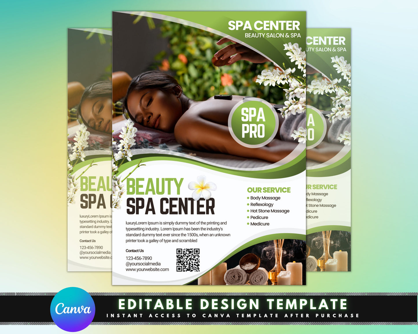 spa center flyer, diy flyer template design, body treatment flyer, facial treatment flyer, beauty wellness flyer, premade esthetician flyer