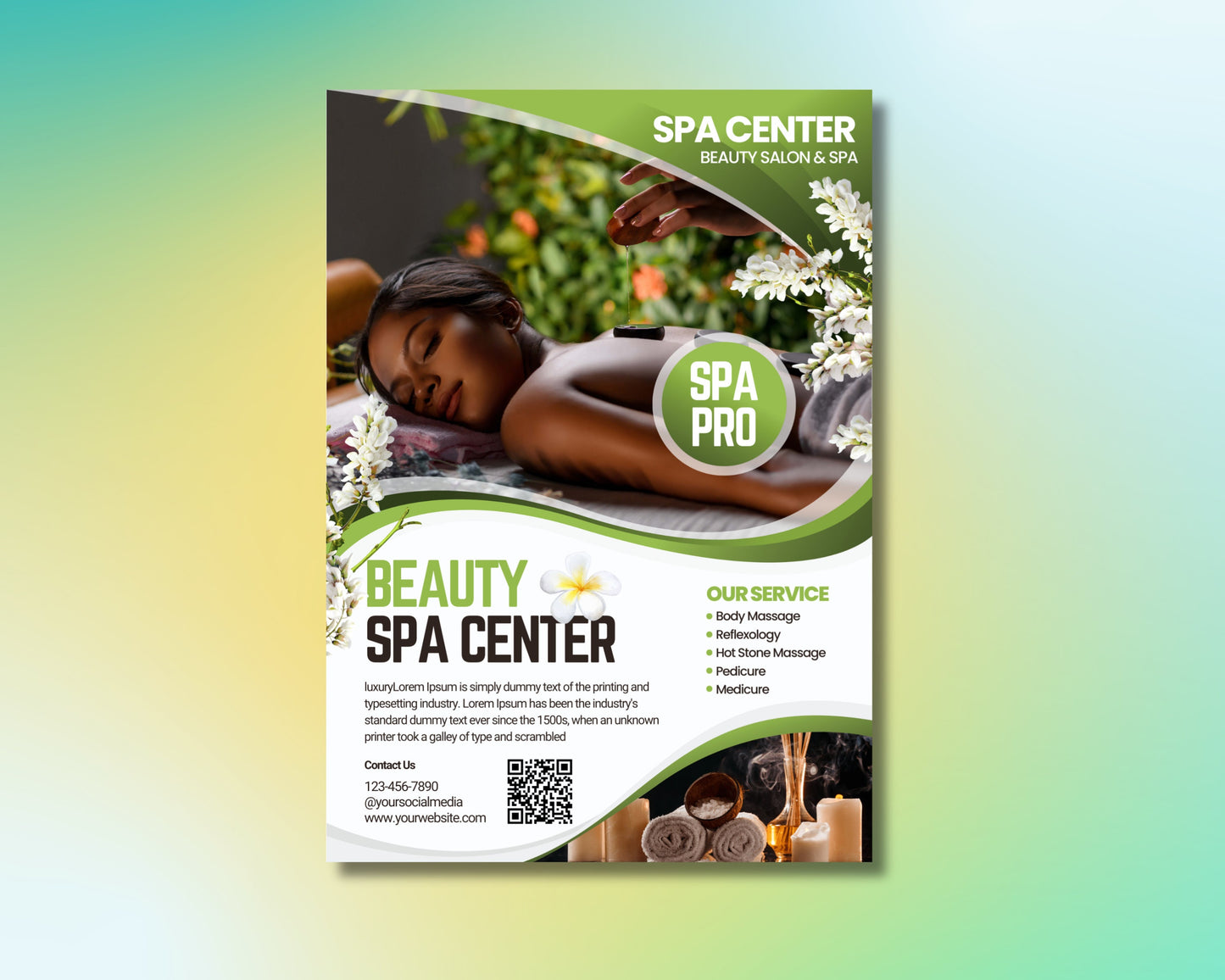 spa center flyer, diy flyer template design, body treatment flyer, facial treatment flyer, beauty wellness flyer, premade esthetician flyer