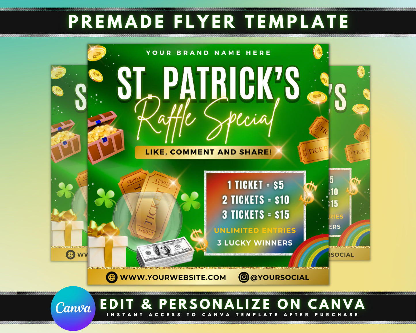 win it! free giveaway! enter to win! big prize! limited time offer! don&#39;t miss out! exciting opportunity! grand prize! free chance to win! lucky winner! join the fun! giveaway alert! enter now! shamrock st patricks day rainbow luck raffle special