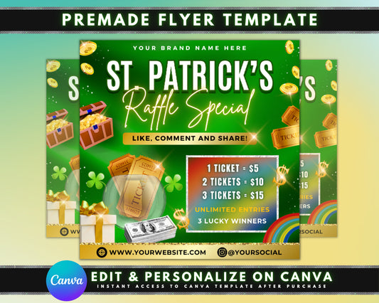 Win it! Free giveaway! Enter to win! Big prize! Limited time offer! Don&#39;t miss out! Exciting opportunity! Grand prize! Free chance to win! Lucky winner! Join the fun! Giveaway alert! Enter now! Shamrock St Patricks Day Rainbow Luck Raffle Special