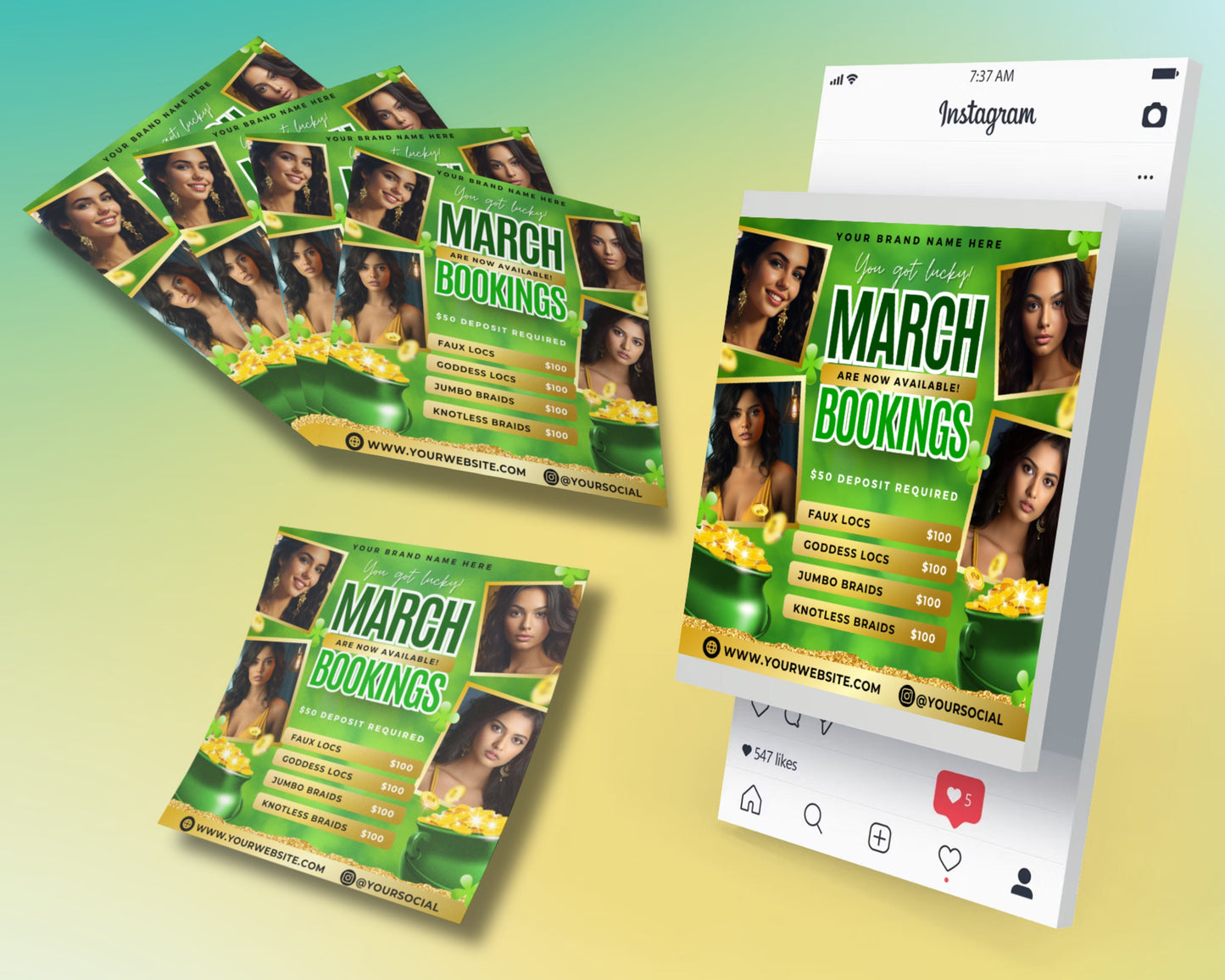 spring beauty march bookings beauty flyer flyer template st. patricks day promo march specials limited-time offers pamper yourself haircuts and styles coloring skin treatments makeup waxing nails facials massages body treatments spring makeup trends