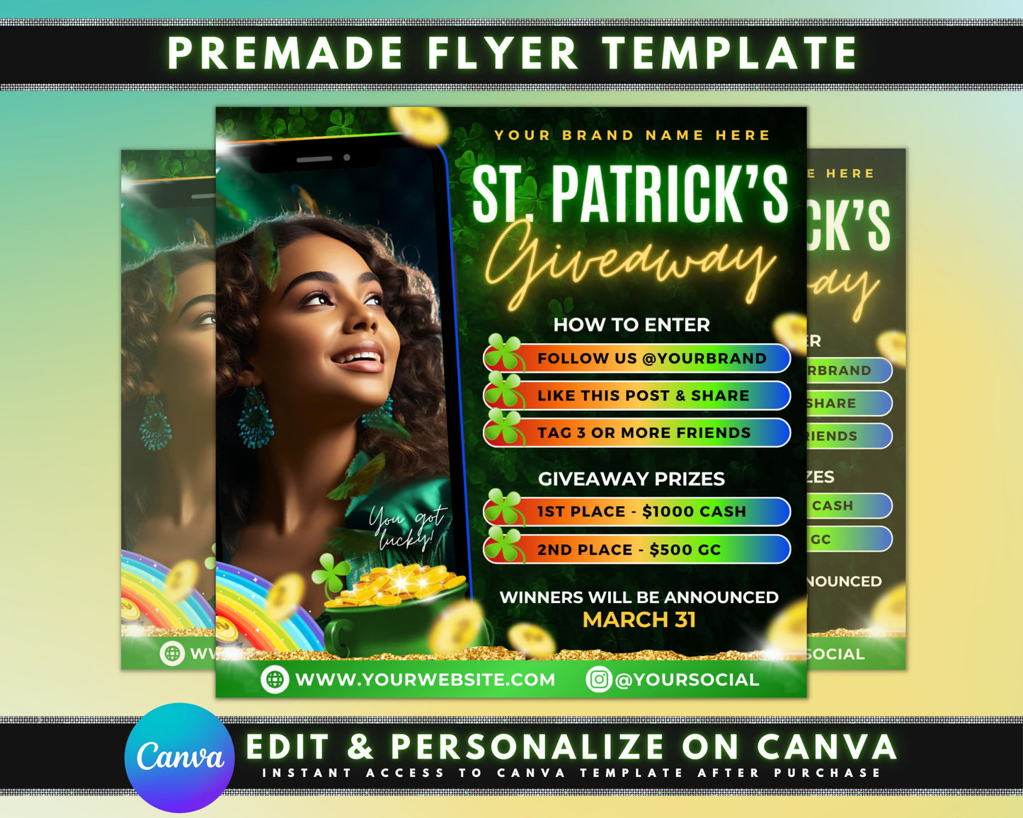 win it! free giveaway! enter to win! big prize! limited time offer! don&#39;t miss out! exciting opportunity! grand prize! free chance to win! lucky winner! join the fun! giveaway alert! enter now! shamrock st patricks day rainbow luck raffle special