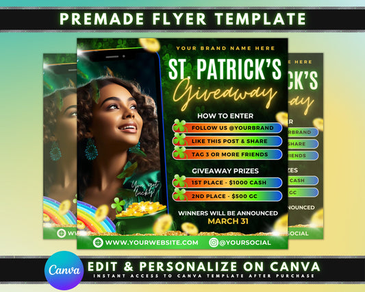 Win it! Free giveaway! Enter to win! Big prize! Limited time offer! Don&#39;t miss out! Exciting opportunity! Grand prize! Free chance to win! Lucky winner! Join the fun! Giveaway alert! Enter now! Shamrock St Patricks Day Rainbow Luck Raffle Special