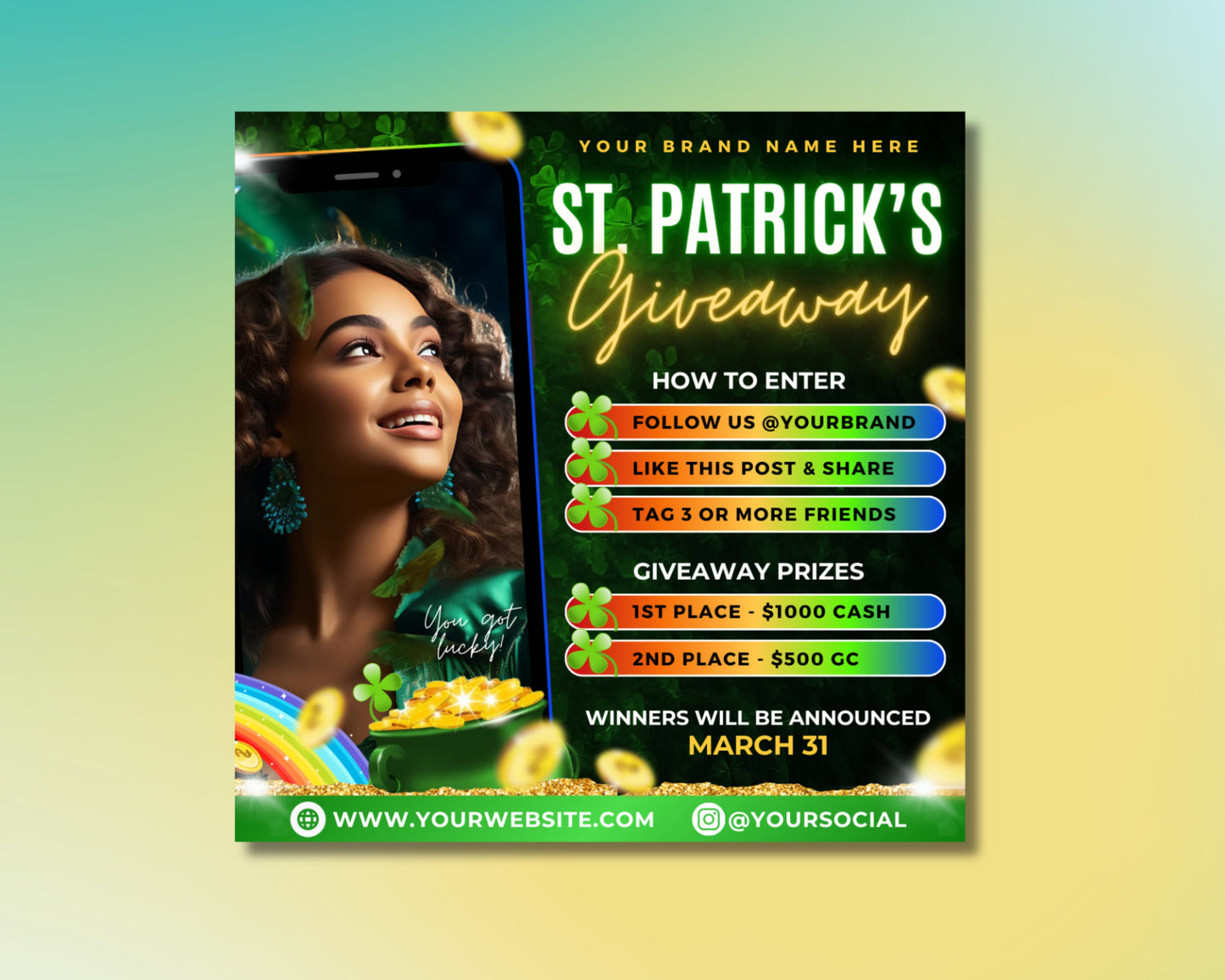 win it! free giveaway! enter to win! big prize! limited time offer! don&#39;t miss out! exciting opportunity! grand prize! free chance to win! lucky winner! join the fun! giveaway alert! enter now! shamrock st patricks day rainbow luck raffle special