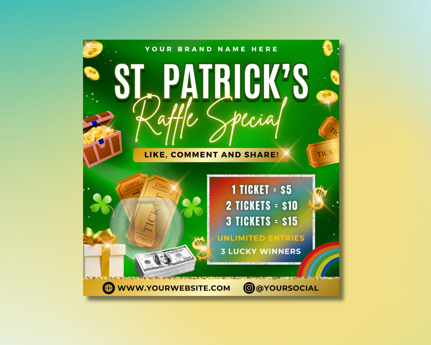 win it! free giveaway! enter to win! big prize! limited time offer! don&#39;t miss out! exciting opportunity! grand prize! free chance to win! lucky winner! join the fun! giveaway alert! enter now! shamrock st patricks day rainbow luck raffle special