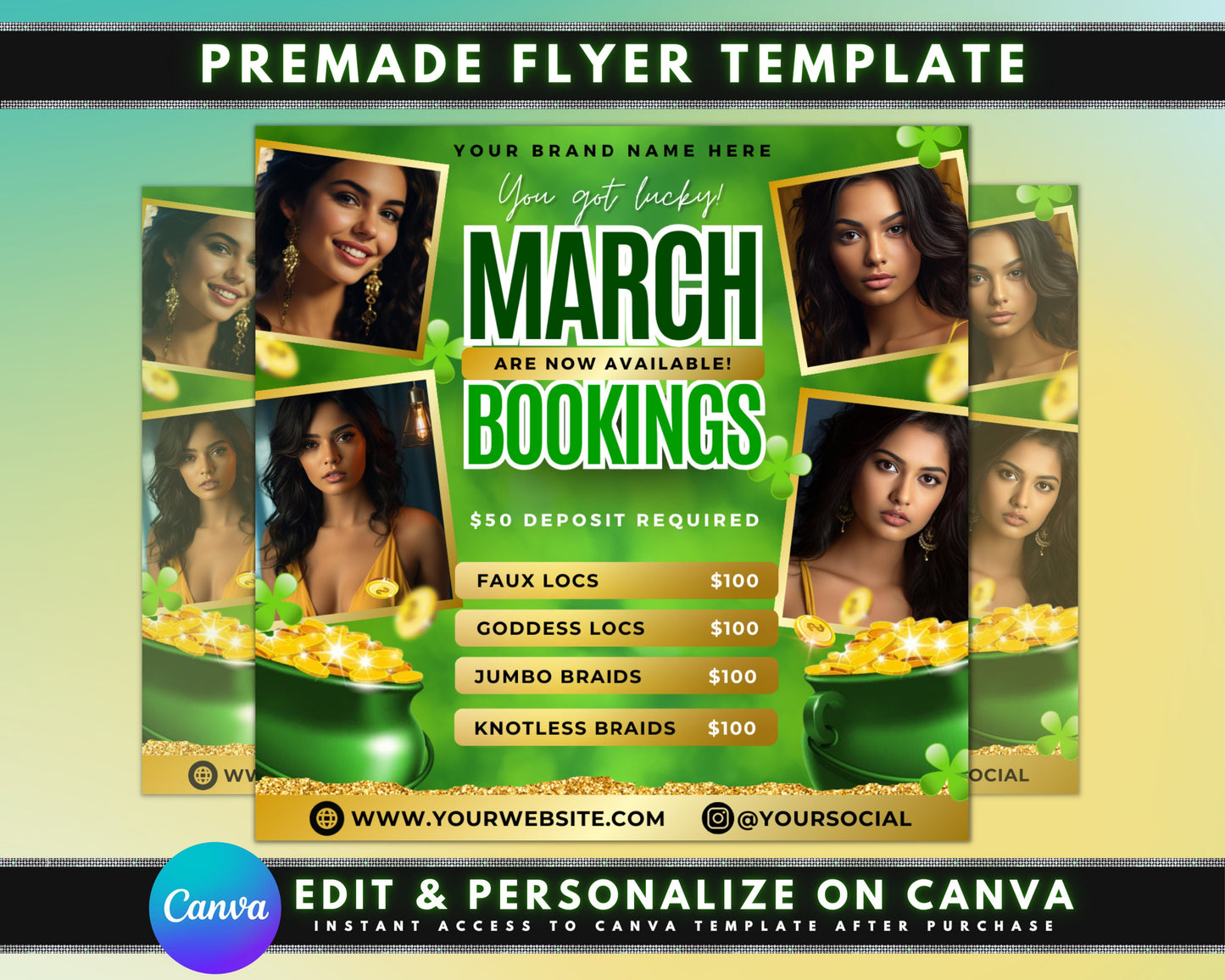 spring beauty march bookings beauty flyer flyer template st. patricks day promo march specials limited-time offers pamper yourself haircuts and styles coloring skin treatments makeup waxing nails facials massages body treatments spring makeup trends