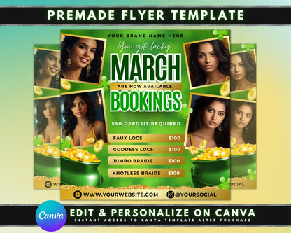 Spring beauty March Bookings Beauty Flyer Flyer Template St. Patricks Day Promo March specials Limited-time offers Pamper yourself Haircuts and styles Coloring Skin treatments Makeup Waxing Nails Facials Massages Body treatments Spring makeup trends