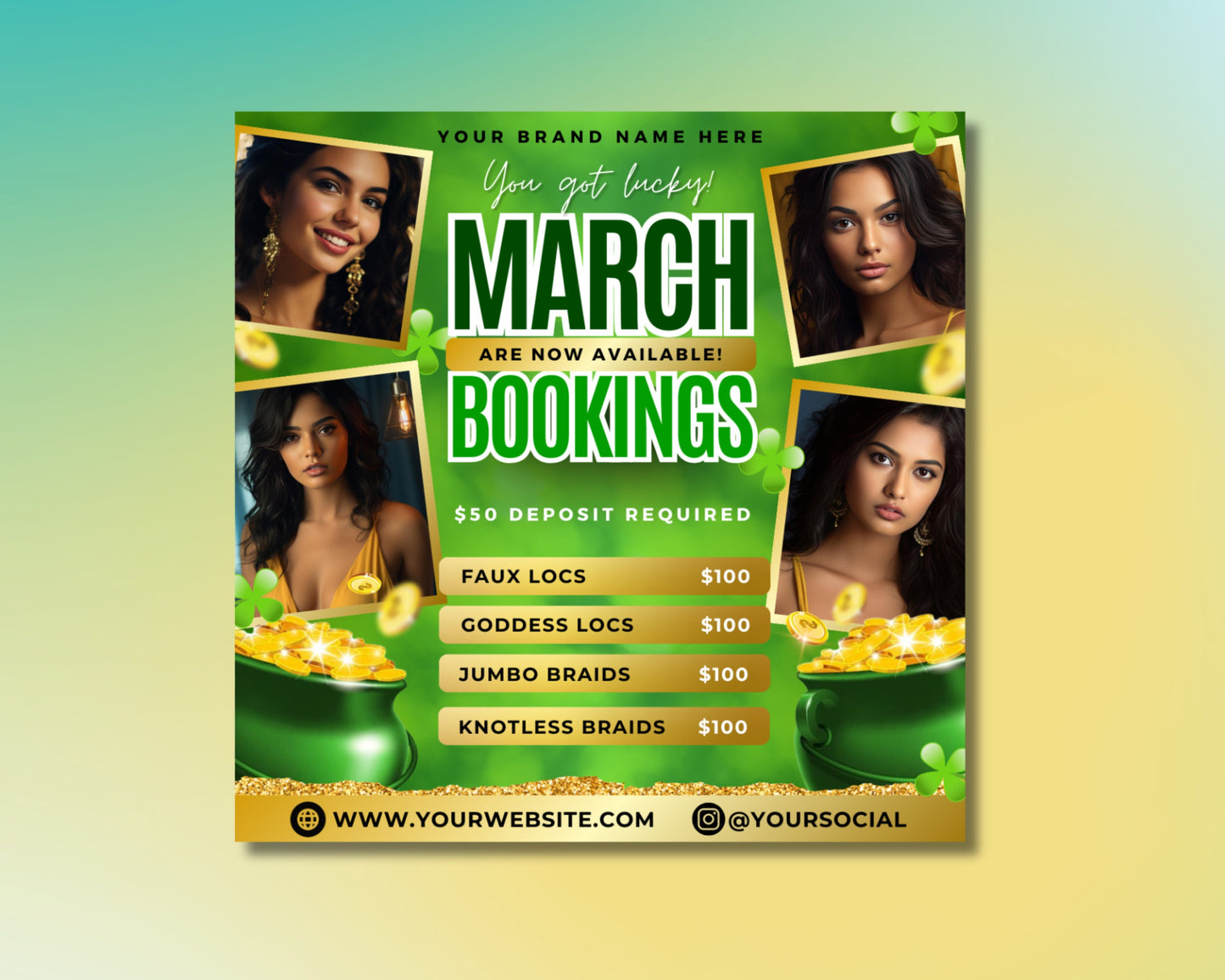 spring beauty march bookings beauty flyer flyer template st. patricks day promo march specials limited-time offers pamper yourself haircuts and styles coloring skin treatments makeup waxing nails facials massages body treatments spring makeup trends