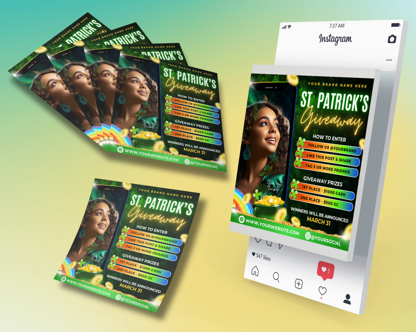 st. patrick's giveaway flyer, diy flyer template design, raffle ticket flyer, prize draw flyer, march giveaway flyer, premade editable flyer