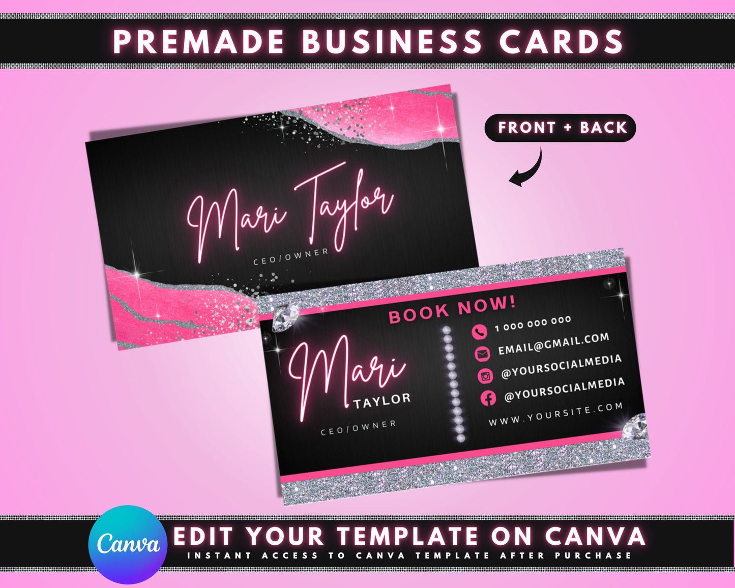 ceo founder executive entrepreneur boss lady chic fashionable creative eye-catching business card template downloadable template pink blush pink rose gold metallic pink fuchsia silver glitter shimmer elegant modern glamorous