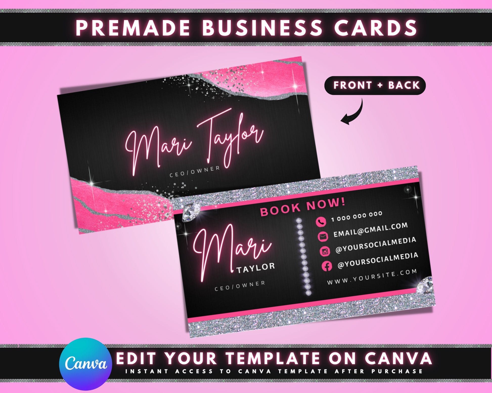 CEO Founder Executive Entrepreneur Boss Lady Chic Fashionable Creative Eye-Catching Business Card Template Downloadable Template Pink Blush Pink Rose Gold Metallic Pink Fuchsia Silver Glitter Shimmer Elegant Modern Glamorous