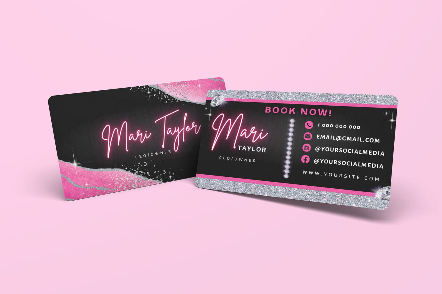 ceo founder executive entrepreneur boss lady chic fashionable creative eye-catching business card template downloadable template pink blush pink rose gold metallic pink fuchsia silver glitter shimmer elegant modern glamorous