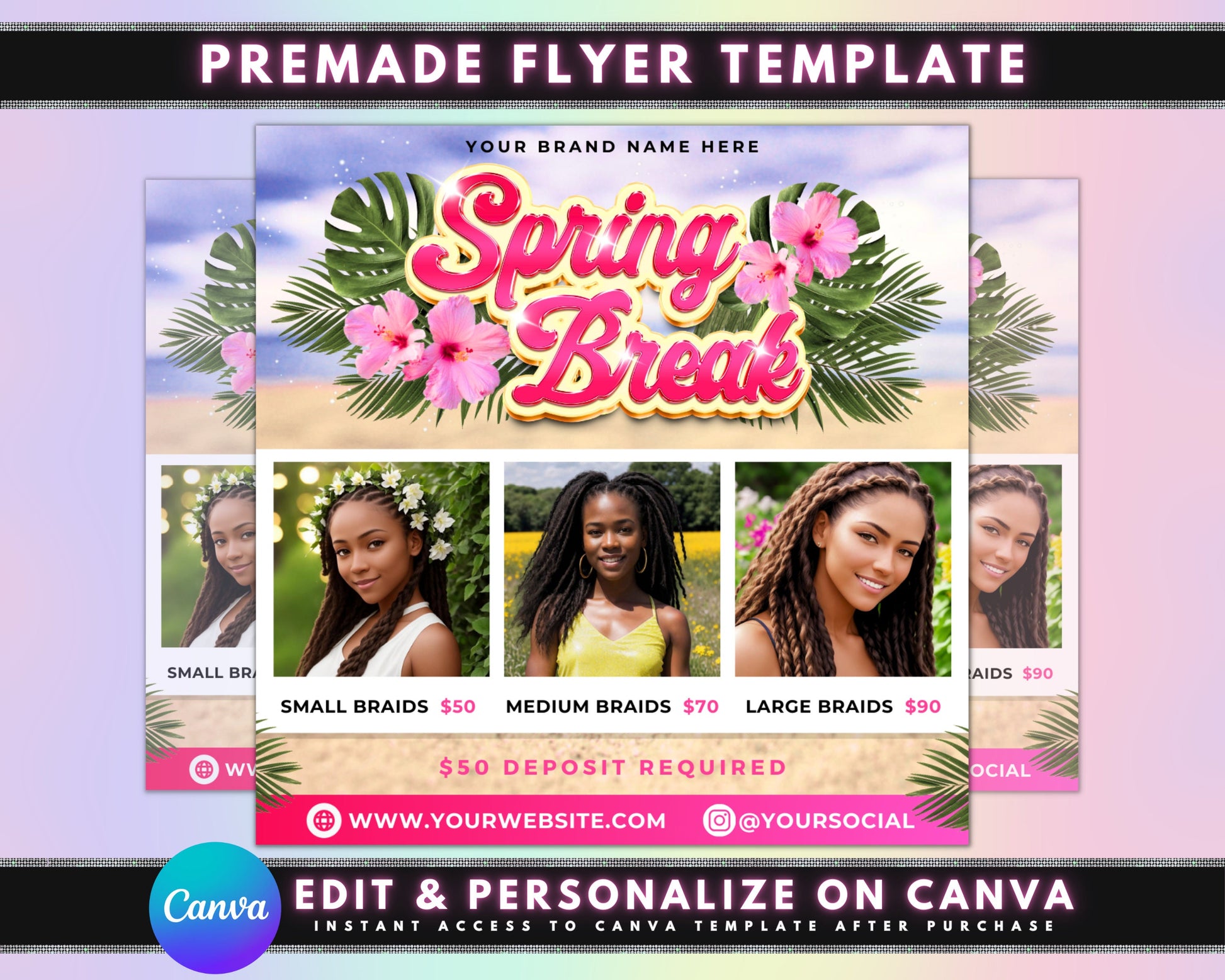 Spring Break Ready Hair Spring Break Styles Braids for the Beach Festival Hair Inspiration Box Braids Crochet Braids Cornrows Senegalese Twists Faux Locs Hair Extensions Bantu Knots Beach Waves Updos Book your appointment Spring Break hair