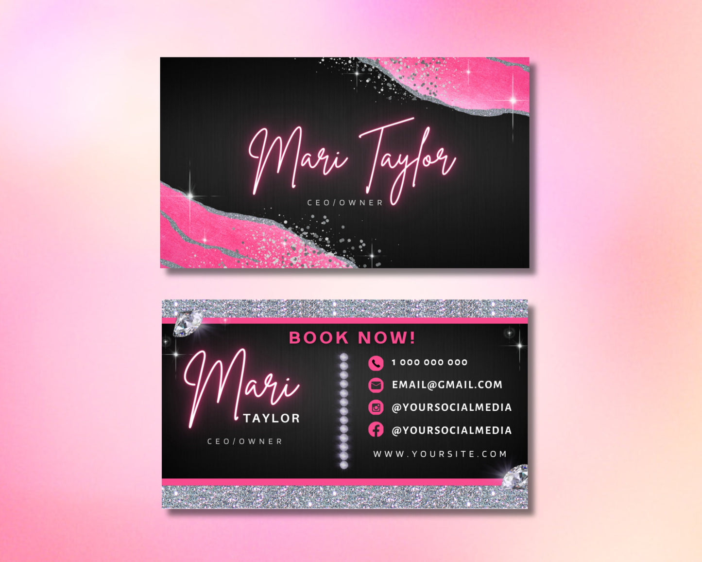 ceo founder executive entrepreneur boss lady chic fashionable creative eye-catching business card template downloadable template pink blush pink rose gold metallic pink fuchsia silver glitter shimmer elegant modern glamorous