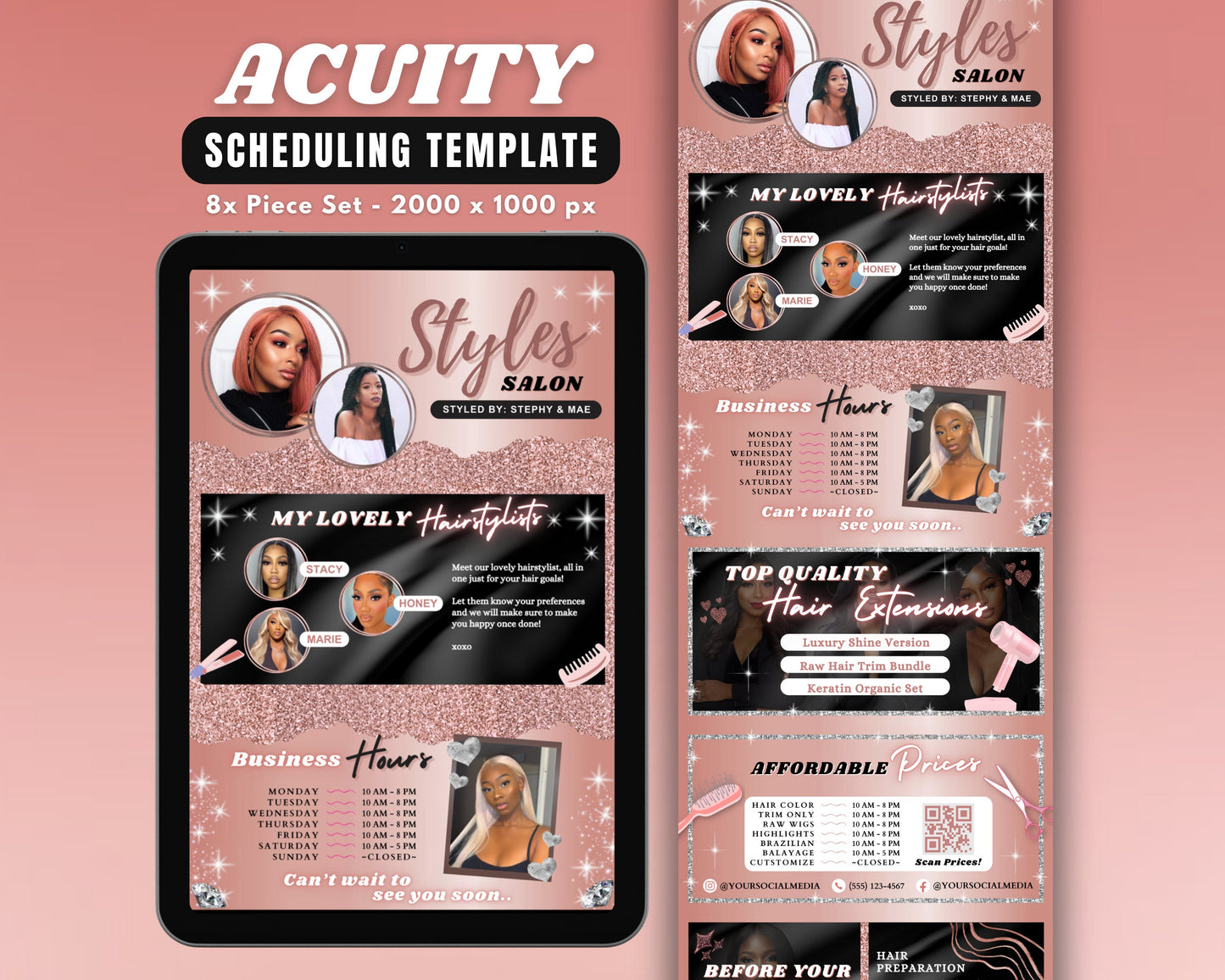 hair salon acuity template rose gold web design hair colorist hairstyling services hair extensions beauty salon hair salon spa makeup artist nail salon acuity scheduling template acuity website template appointment booking template premade designs