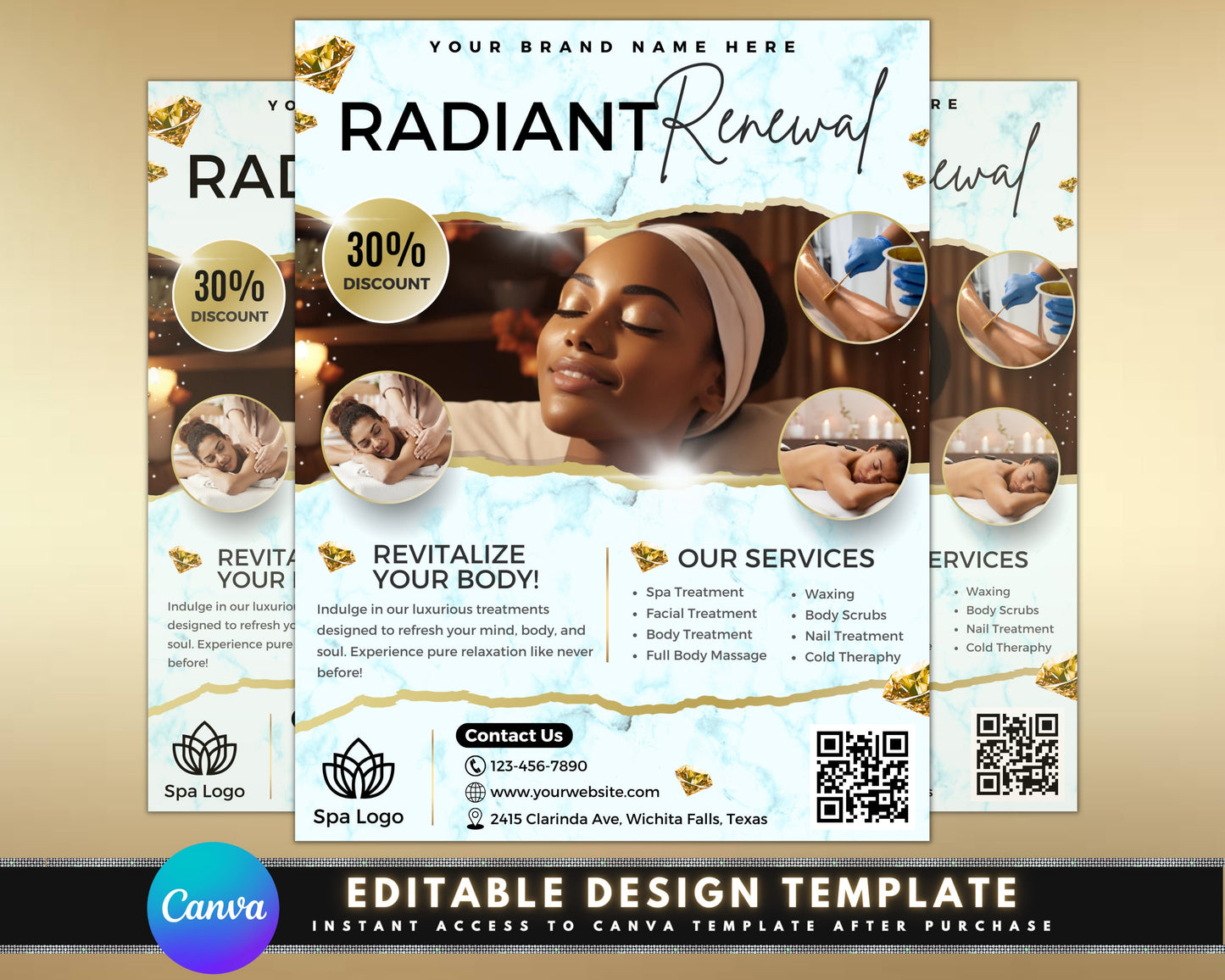 spa treatments wellness beauty zen serenity tranquility white gold elegant luxury clean sophisticated relax rejuvenate reconnect escape the ordinary find your inner peace pamper yourself gift of wellness flyer template printable downloadable