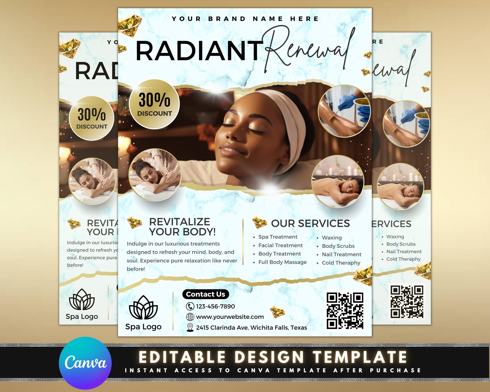 Spa Treatments Wellness Beauty Zen Serenity Tranquility White Gold Elegant Luxury Clean Sophisticated Relax Rejuvenate Reconnect Escape the ordinary Find your inner peace Pamper yourself Gift of Wellness Flyer Template Printable Downloadable