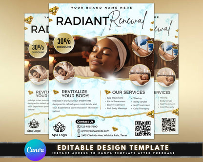 Spa Treatments Wellness Beauty Zen Serenity Tranquility White Gold Elegant Luxury Clean Sophisticated Relax Rejuvenate Reconnect Escape the ordinary Find your inner peace Pamper yourself Gift of Wellness Flyer Template Printable Downloadable