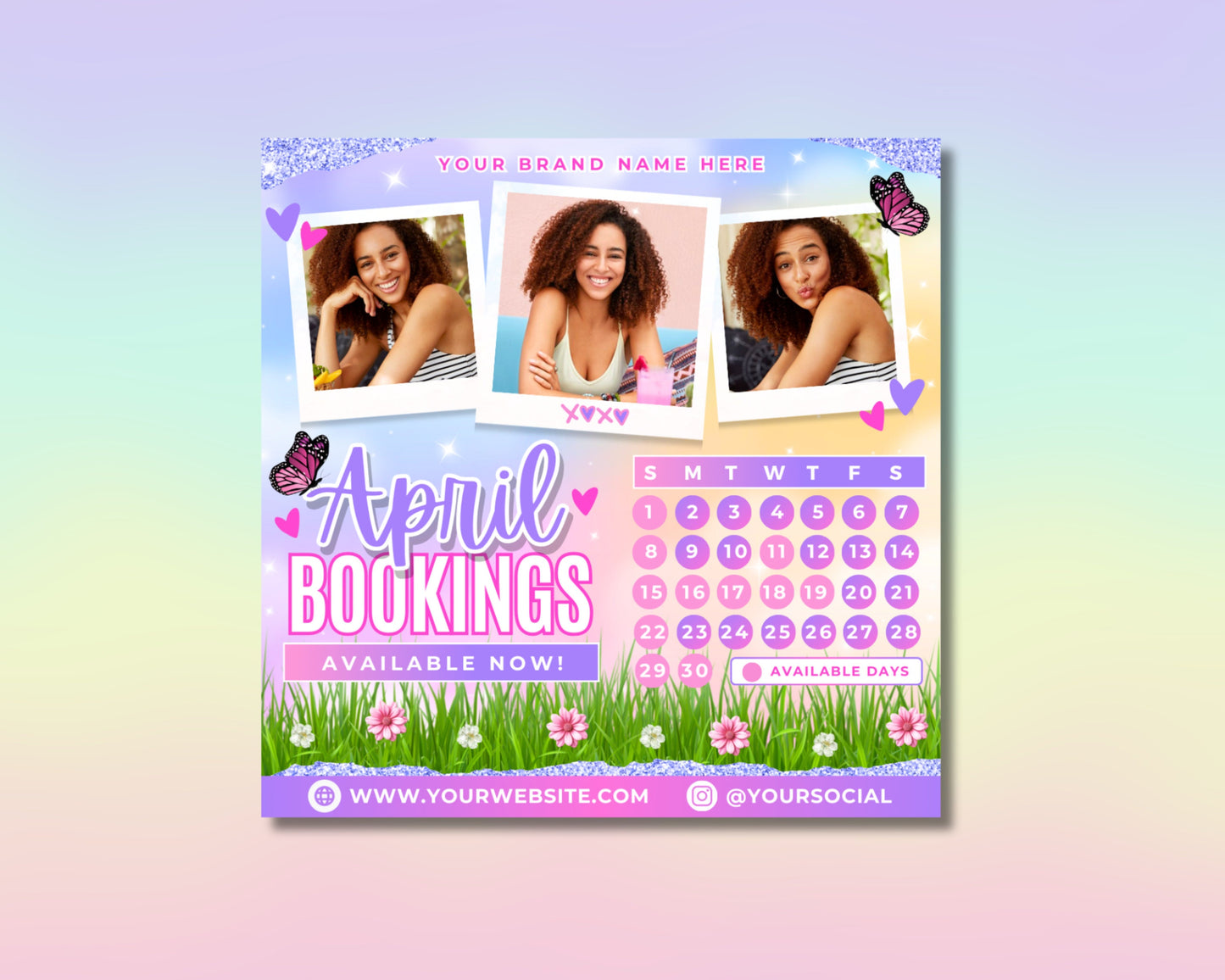 april bookings open flyer spring hair & beauty deals schedule your appointment now limited time offers treat yourself this spring haircuts & styling hair color & treatments nails facials & skincare waxing & hair removal makeup application book now!