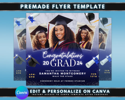 Graduation 2024 Ceremony Invitation Celebrate Class of 2024 Commencement Ceremony Date Time Location Guest of Honor Graduation cap Diploma Confetti Stage Tassel School colors High School College University New beginnings Proud graduate You did it!