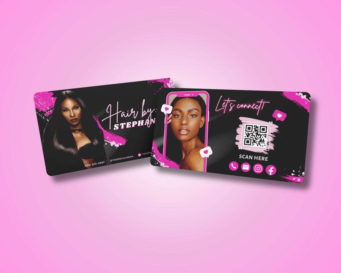 pink & black business card watercolor business card template elegant business card creative business card luxury business card makeup artist hair stylist esthetician nail technician spa services beauty products feminine watercolor glamorous modern