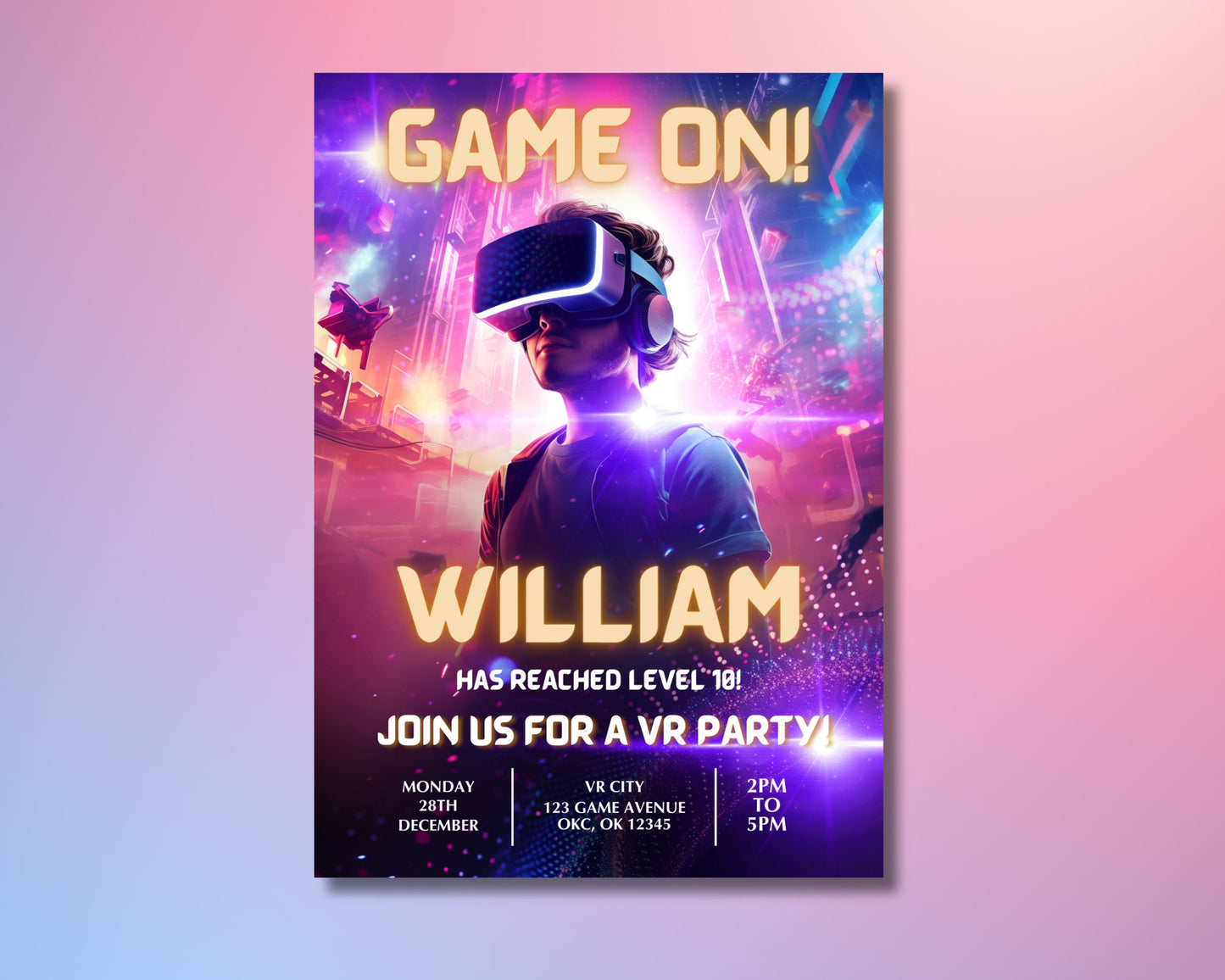 vr birthday party virtual reality party level up! birthday bash game on! birthday party birthday escape room (vr) vr dance party vr sports challenge multiplayer vr games neon colors vr headset illustrations game controllers pixel art futuristic theme