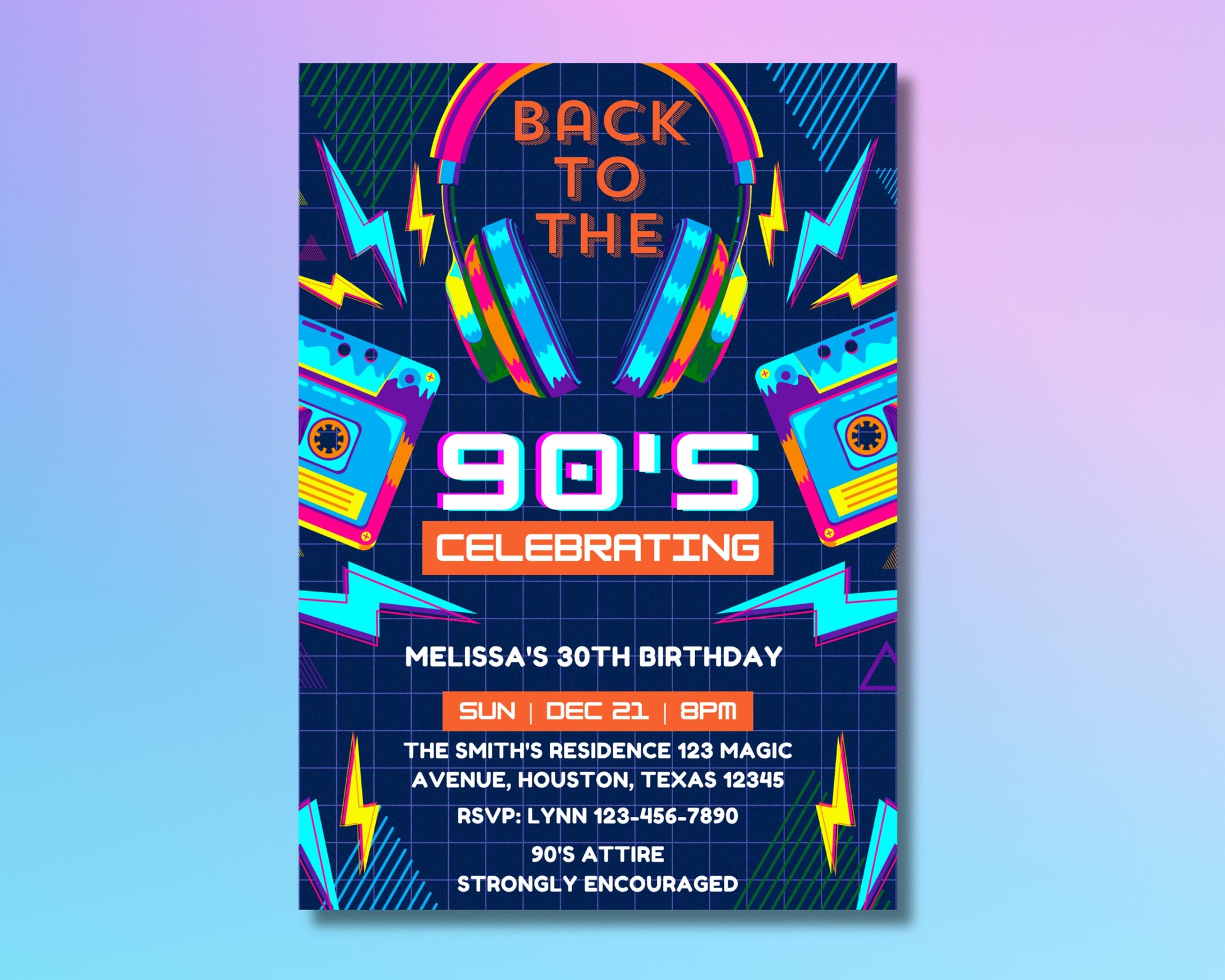 Retro 90s Nostalgia Neon Grunge Arcade Cassette tapes Floppy disks Denim Graffiti Tie-dye Geometric shapes Furbys Tamagotchis Pagers Boomboxes Skateboards Scrunchies Grunge Band T-shirts Cloud Cli Cli Art Funky fresh patternsTotally 90s Birthday Bash