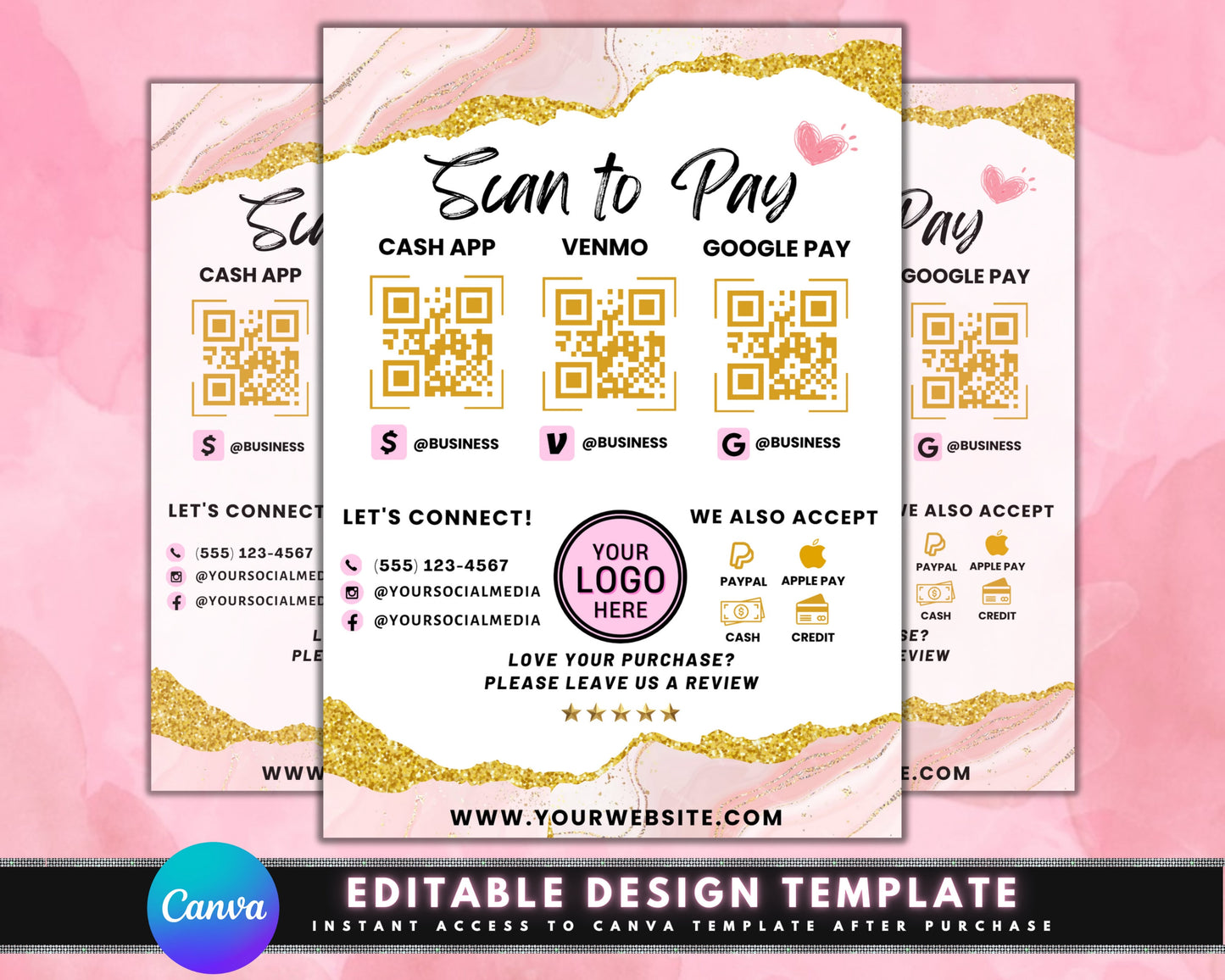 scan to pay contactless payment pay here easy payment cashless transactions mobile payment pink and gold rose gold blush pink metallic qr code small business boutique beauty salon online store pop-up shop event elegant luxury feminine chic modern