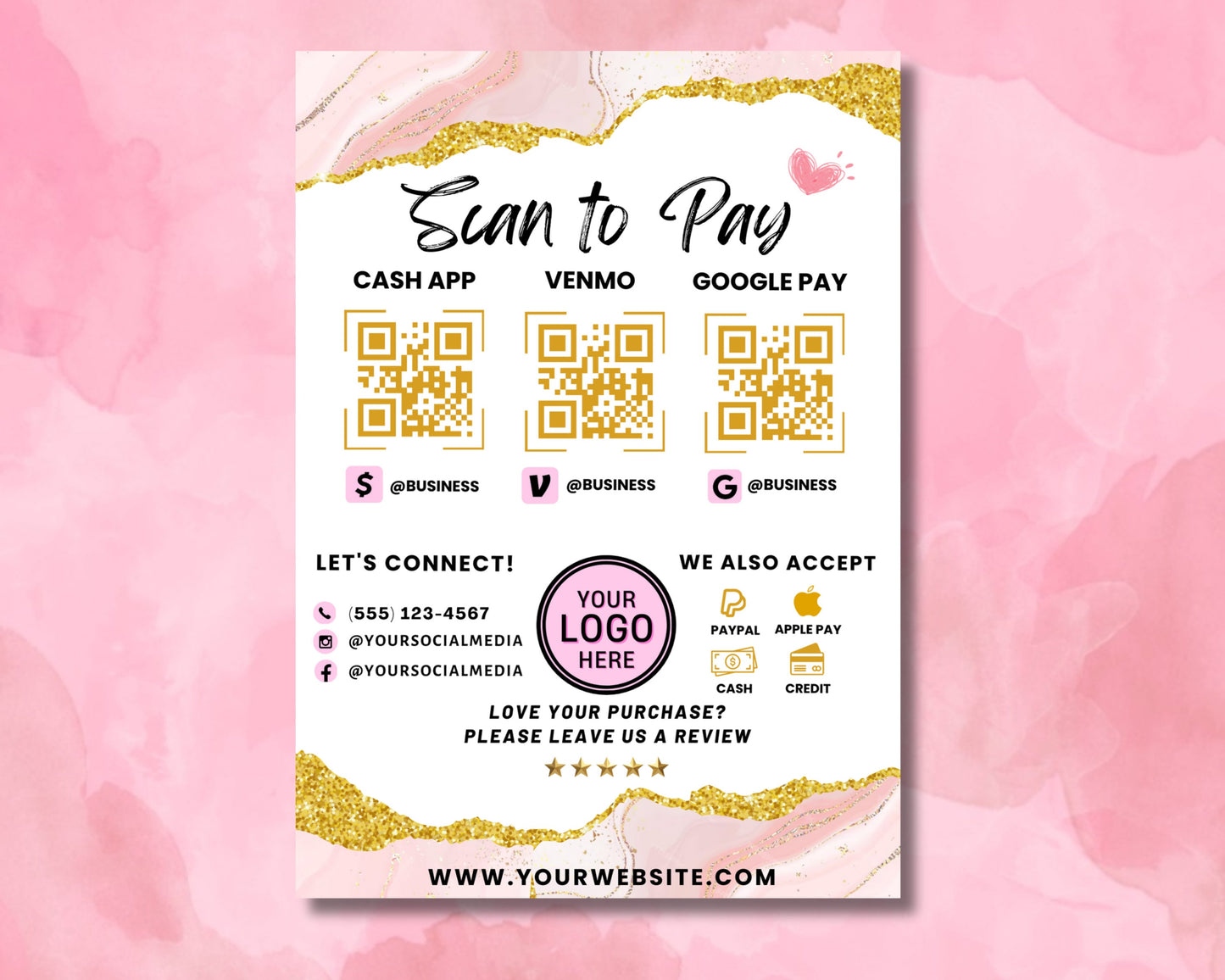 scan to pay contactless payment pay here easy payment cashless transactions mobile payment pink and gold rose gold blush pink metallic qr code small business boutique beauty salon online store pop-up shop event elegant luxury feminine chic modern