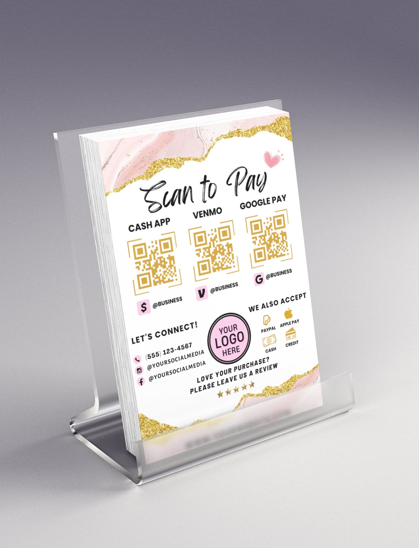 scan to pay contactless payment pay here easy payment cashless transactions mobile payment pink and gold rose gold blush pink metallic qr code small business boutique beauty salon online store pop-up shop event elegant luxury feminine chic modern