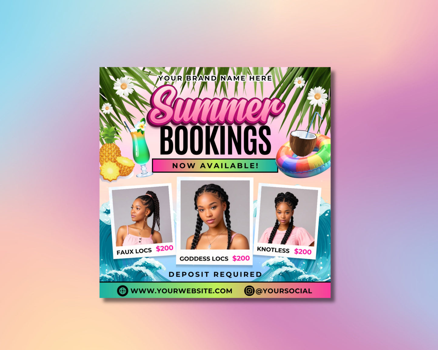 summer booking braids flyer hair flyer lash flyer beauty flyer summer fun dont miss out limited time offer book now beach pool relaxation special deals discounts packages early bird pricing escape getaway vacation adventure awaits make a splash