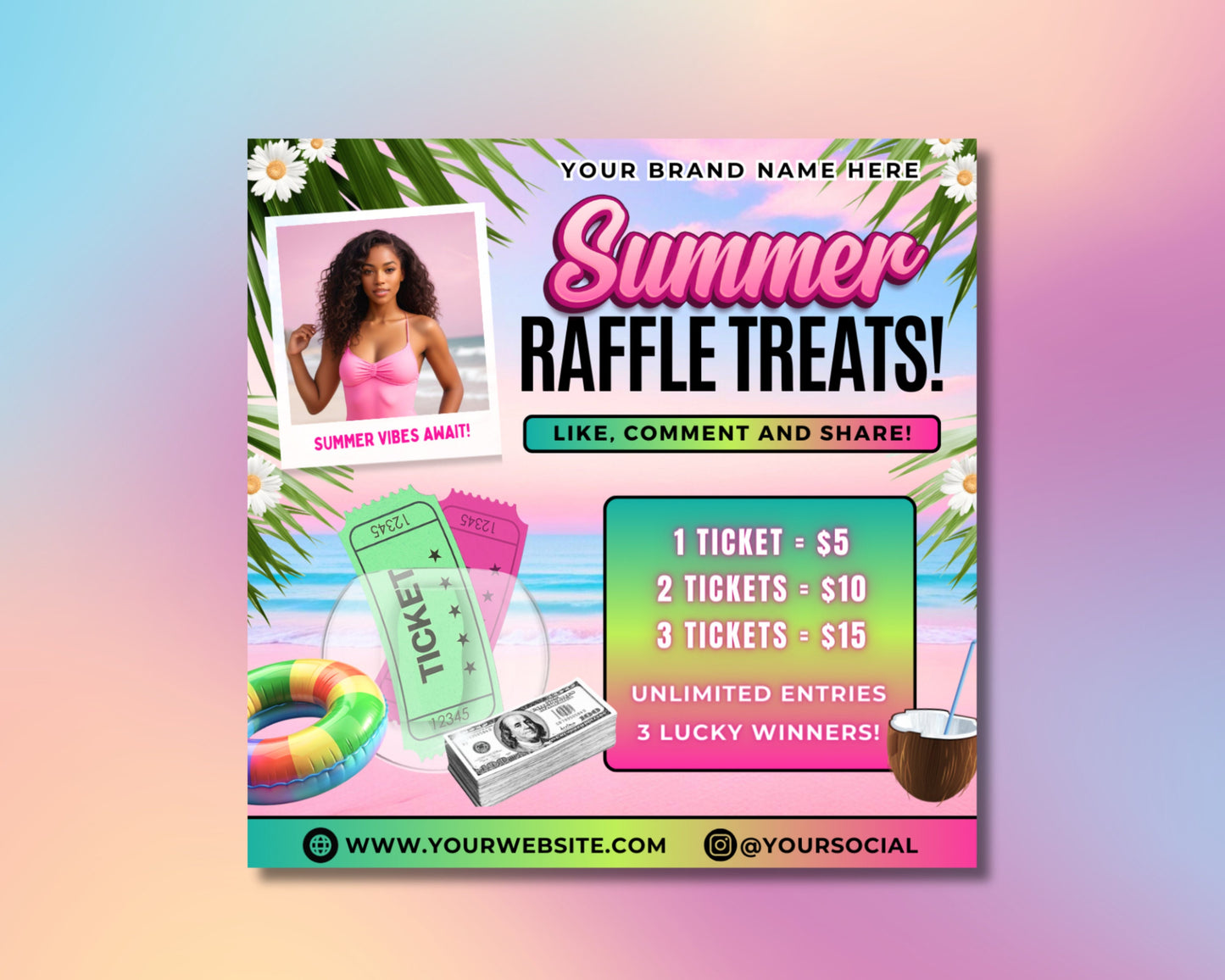 summer raffle summer beauty giveaway win big this summer summer glow up win big summer fun free entry grand prize prizes tickets on sale now dont miss out raffle drawing summer raffle flyer raffle flyer template giveaway flyer summer contest flyer