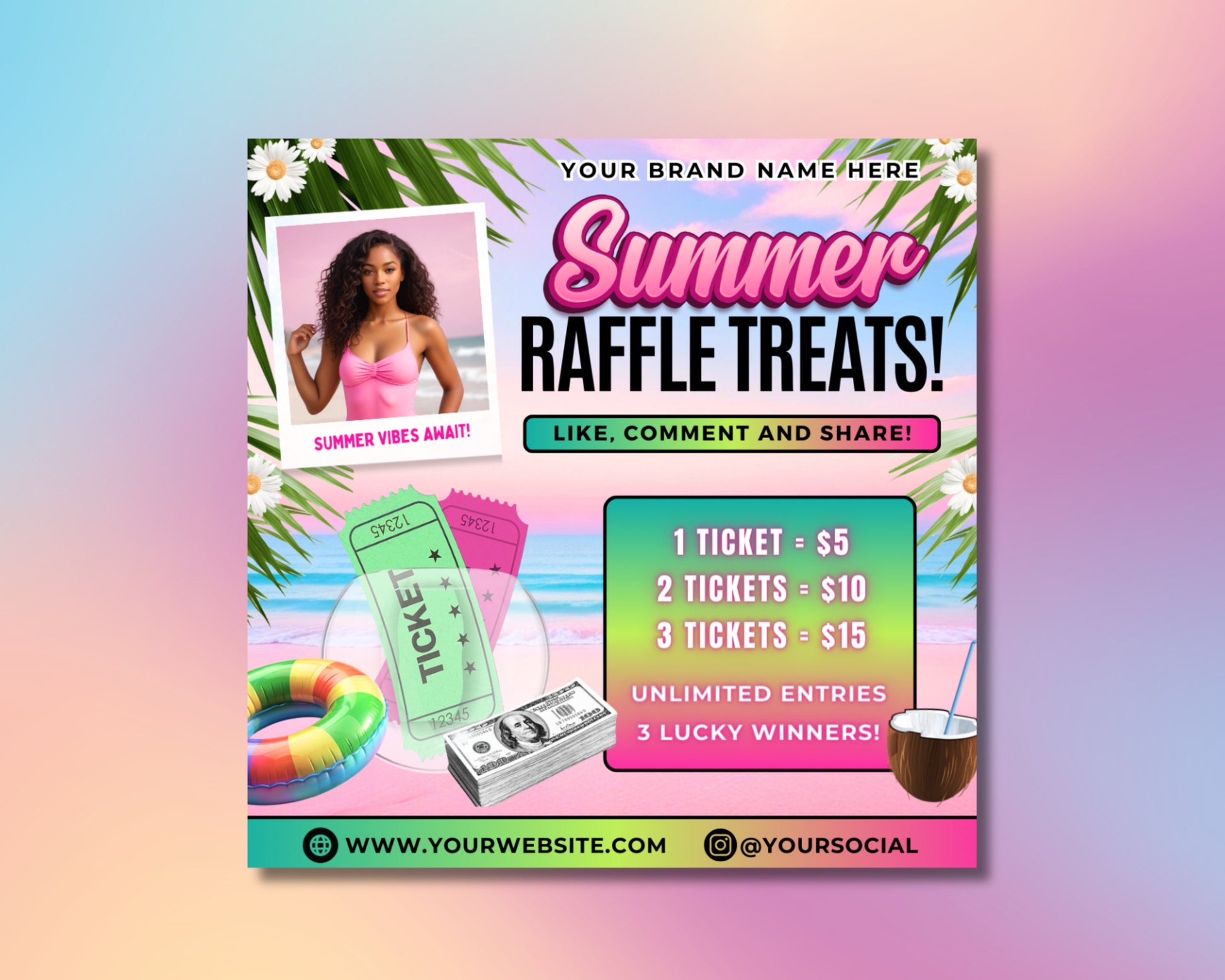 Summer Raffle Summer Beauty Giveaway Win Big This Summer Summer Glow Up Win big Summer fun Free entry Grand prize Prizes Tickets on sale now Dont miss out Raffle drawing Summer raffle flyer Raffle flyer template Giveaway flyer Summer contest flyer