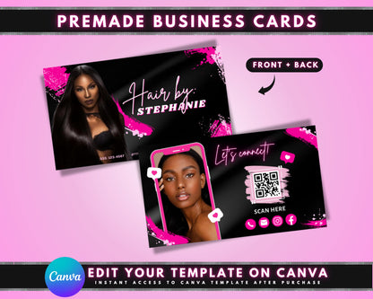 Pink & Black Business Card Watercolor Business Card Template Elegant Business Card Creative Business Card Luxury Business Card Makeup Artist Hair Stylist Esthetician Nail Technician Spa Services Beauty Products Feminine Watercolor Glamorous Modern