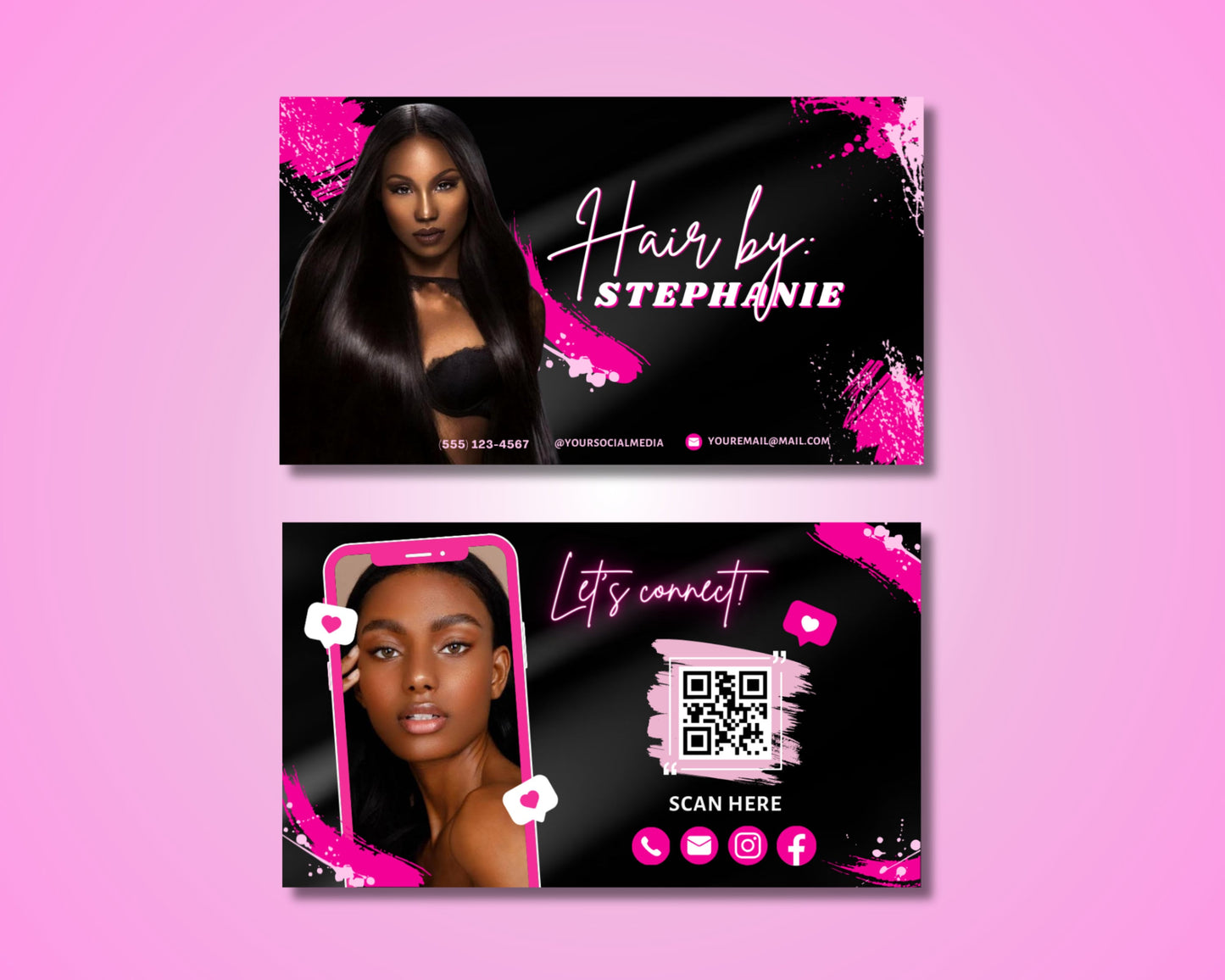 pink & black business card watercolor business card template elegant business card creative business card luxury business card makeup artist hair stylist esthetician nail technician spa services beauty products feminine watercolor glamorous modern