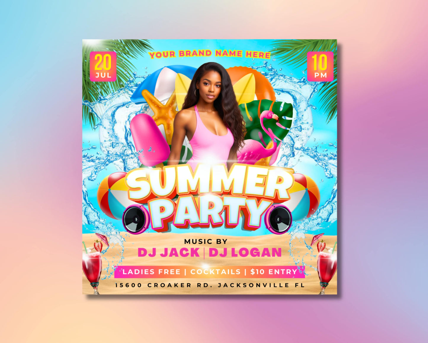 summer party pool party bbq beach party luau celebration fun in the sun get together summer vibes tropical beachy colorful playful bold minimalist vintage neon live music dj food & drinks games activities rsvp date time location