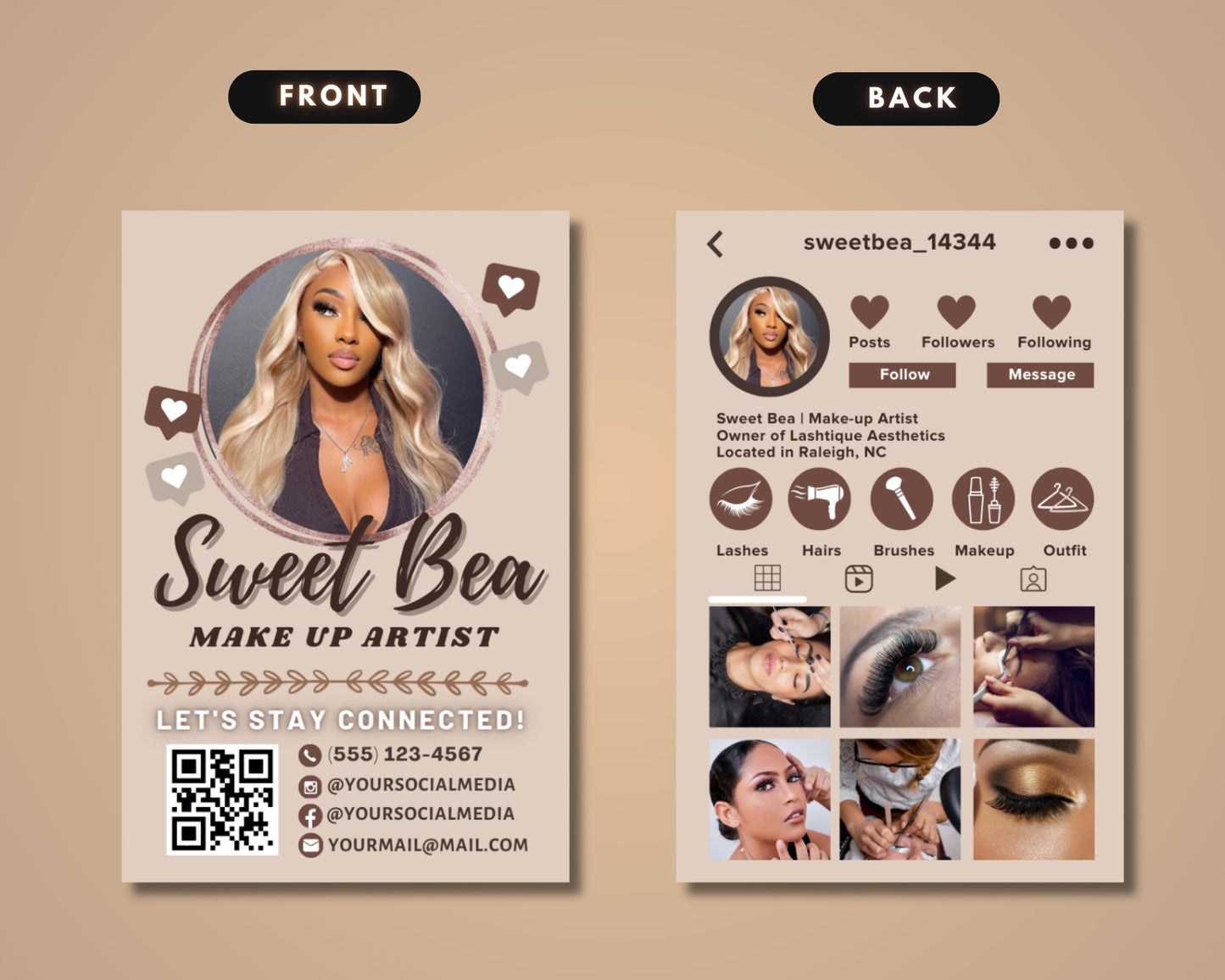 business card instagram business cards follow for updates and discounts! personal brand focus call to action qr code scan to connect! instagram social media network connect professional creative tech-savvy trendy modern neutral aesthetic