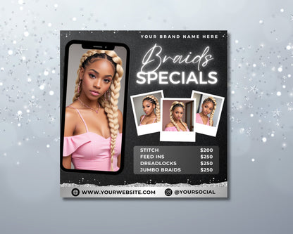 Braids Booking Flyer Braids Specials Beauty Flyer Template Hair Salon Braids Hairstyles Spring Styles Box Braids Crochet Braids Cornrows Senegalese Twists Faux Locs Braid Extensions Updos Weaves Hair Care Appointments Recommended Walk-Ins Welcome