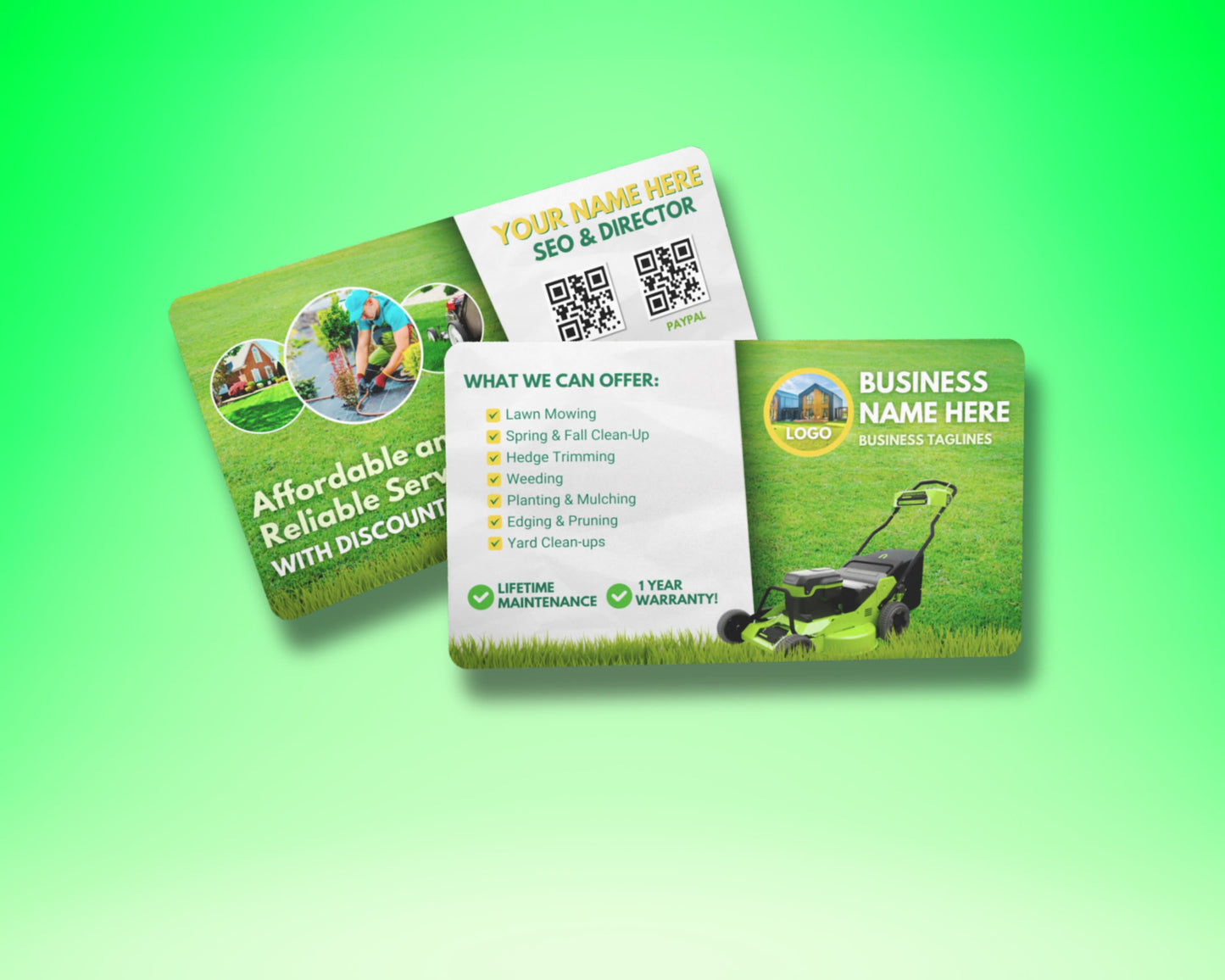 business cards lawn care landscaping yard services green services residential commercial professional reliable mowing trimming edging aeration seeding fertilization weed control irrigation spring/fall cleanup leaf removal snow removal landscape