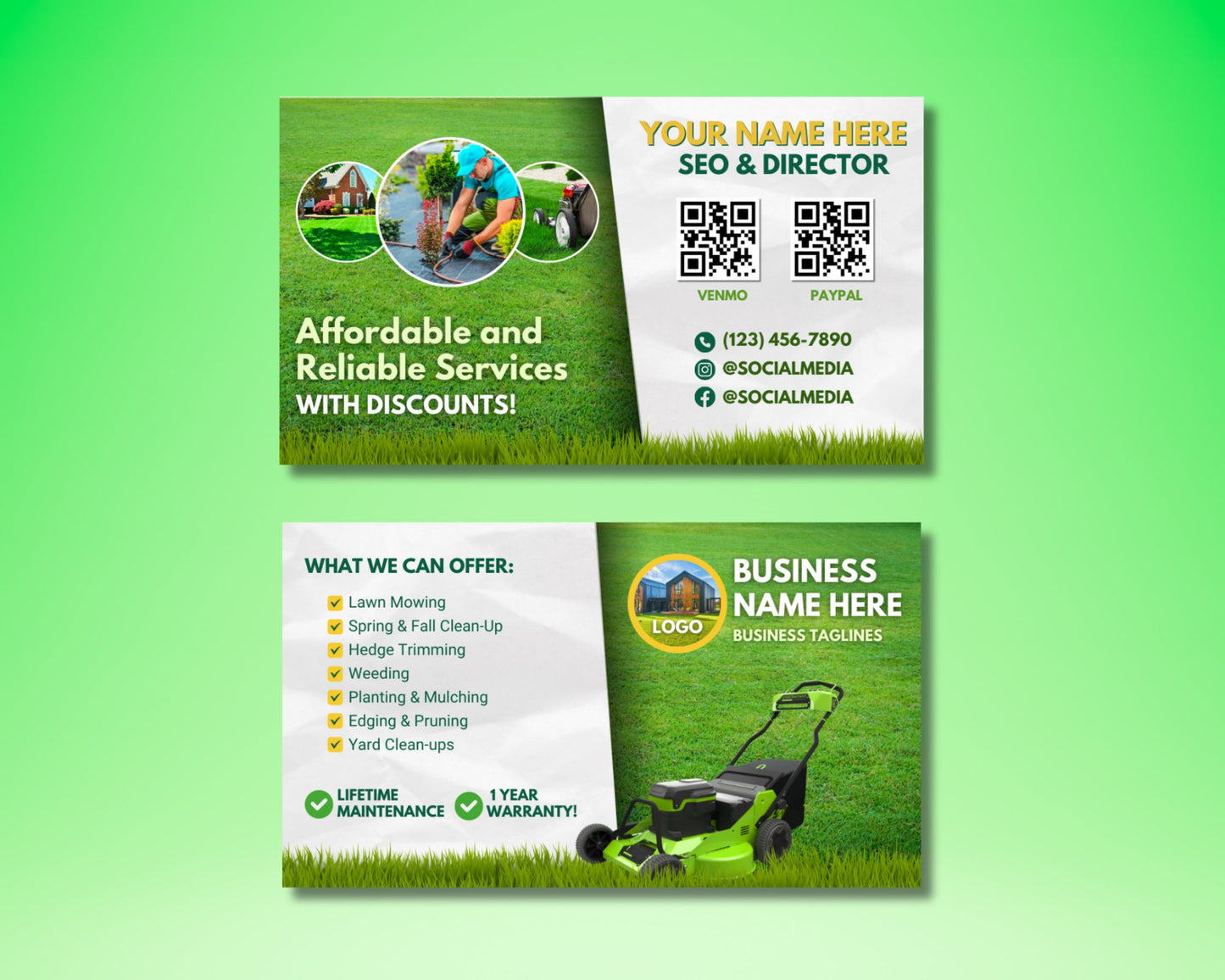 business cards lawn care landscaping yard services green services residential commercial professional reliable mowing trimming edging aeration seeding fertilization weed control irrigation spring/fall cleanup leaf removal snow removal landscape